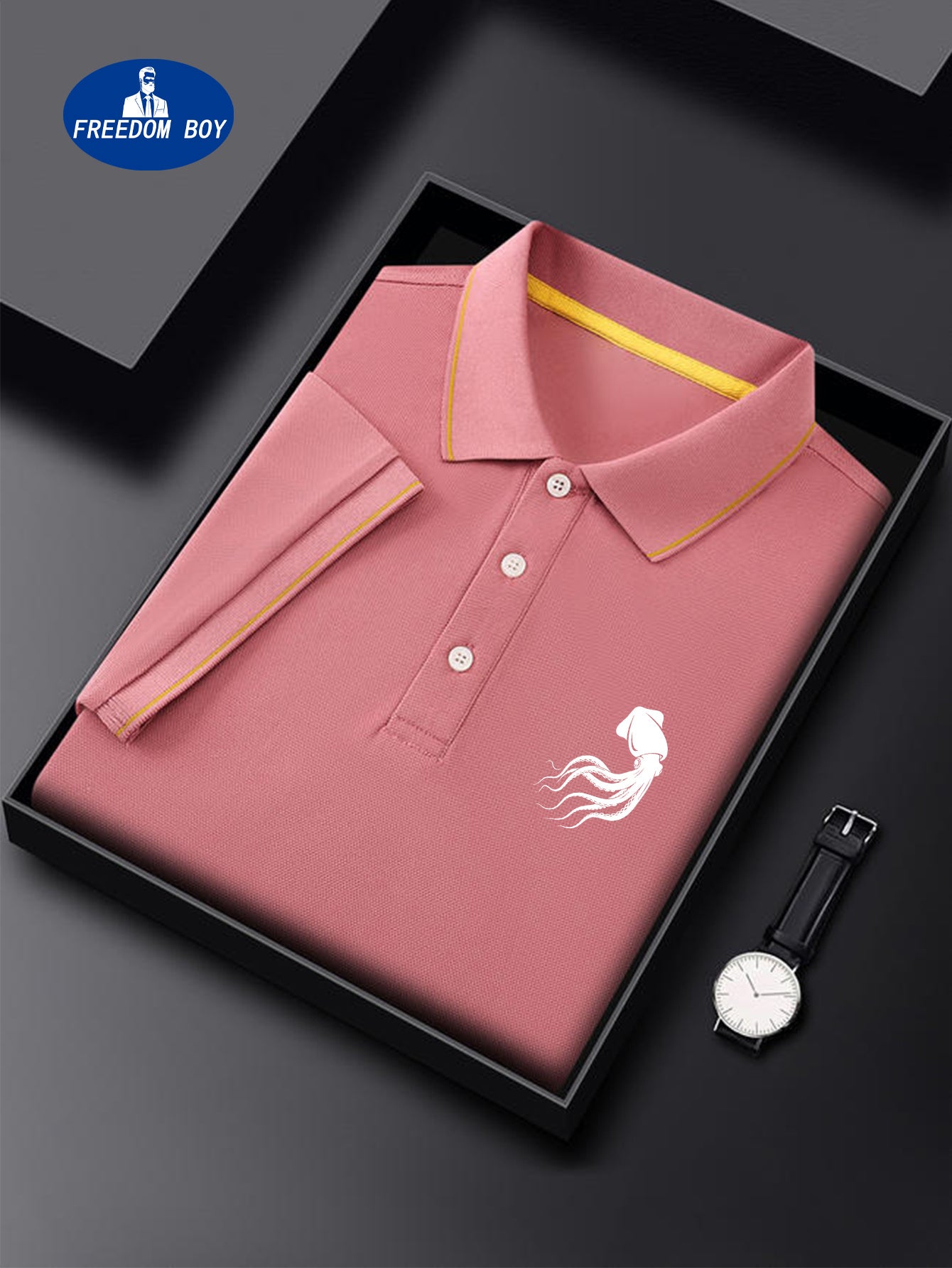 Octopus Logo Men'S Summer Short Sleeved Polo Shirt with Small Logo Pattern, High-End Feel, Light Business, Short Sleeved Top, Suitable for Sports, Golf, Tennis, Fishing, Leisure Vacation Wear