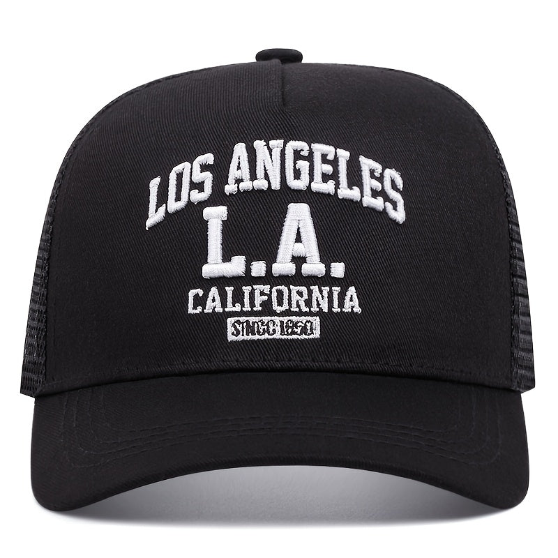 Los Angeles Embroidered Baseball Cap - Black Trucker Hat with Mesh Back, Lightweight & Adjustable for Outdoor Sports, Breathable Polyester, Casual Wear Hat|Sporty Baseball Cap|Adjustable Closure Cap, Baseball Hat