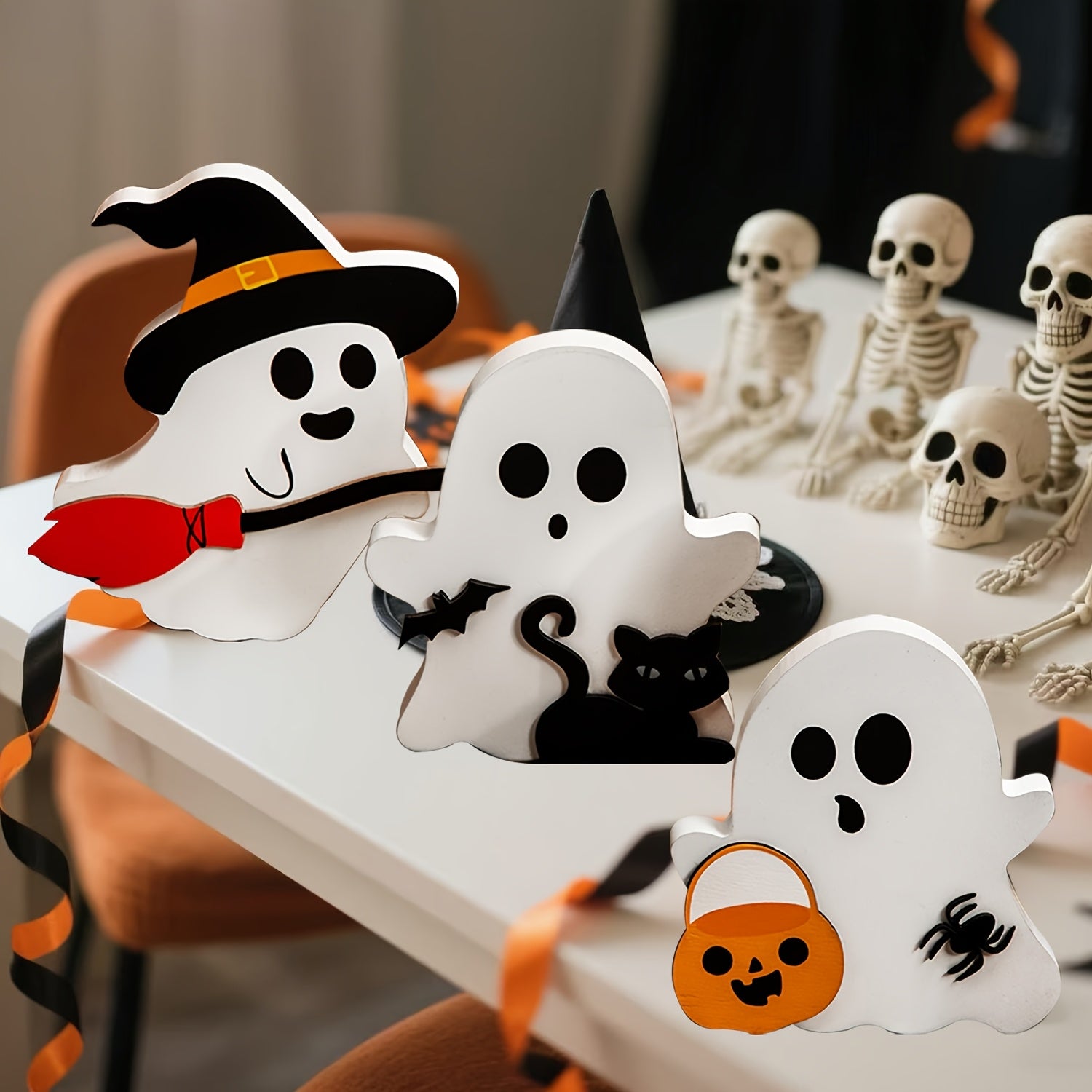 Cute Halloween Tray Decorations Indoor - Wooden Tiered Tray Decor Table Sign Set of 3 - Pumpkin Blocks with Black Cat, Bat, Witch, Broom - Spooky Home Shelf Display, Party Table Centerpiece for Fall Holiday, Summer Setup and