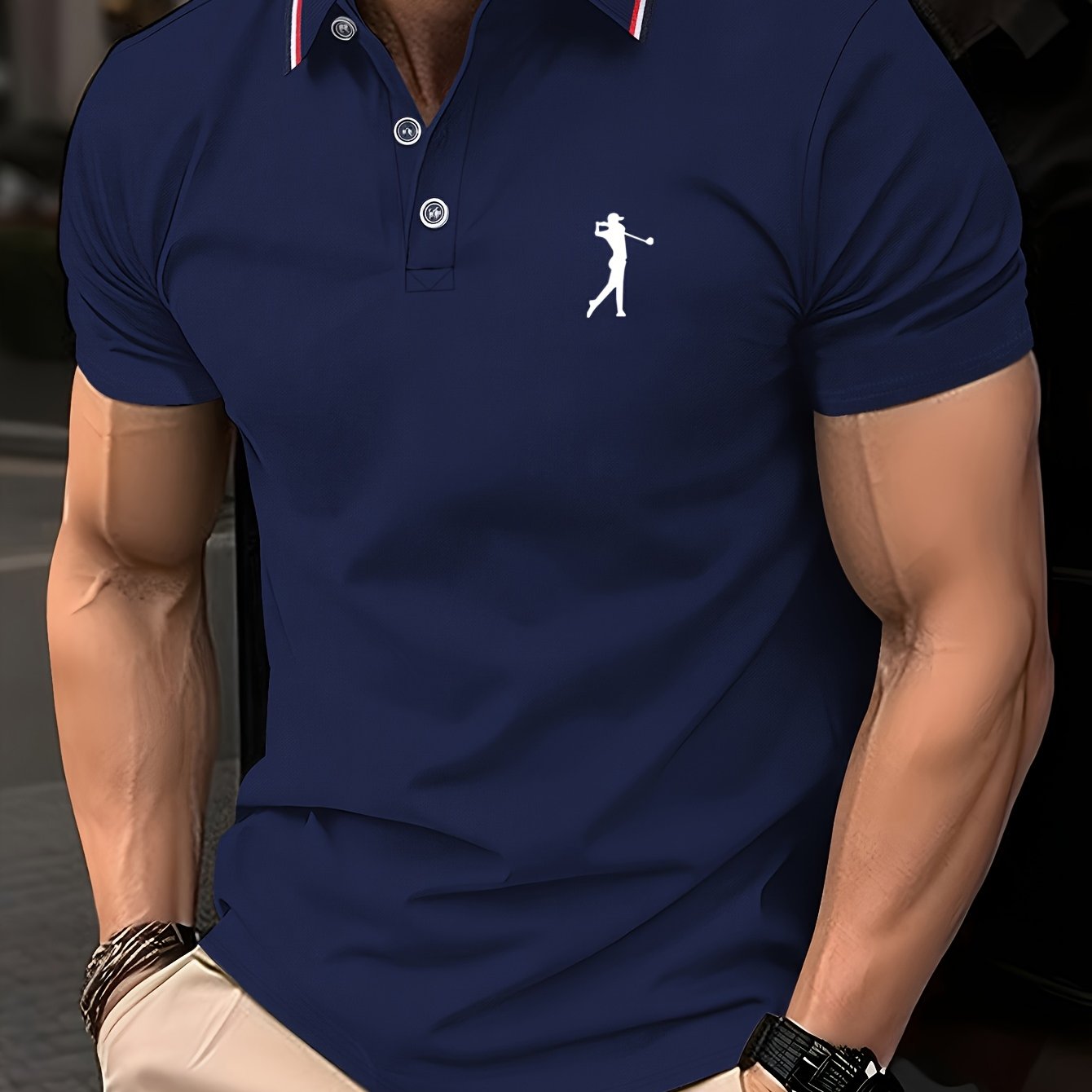 Men's Lightweight Breathable Golf Shirt - Casual Summer Short Sleeve with Collar, Orange Geometric Print, Machine Washable, Perfect for Golf and Business Casual Wear, Contrast Stripe Detailing