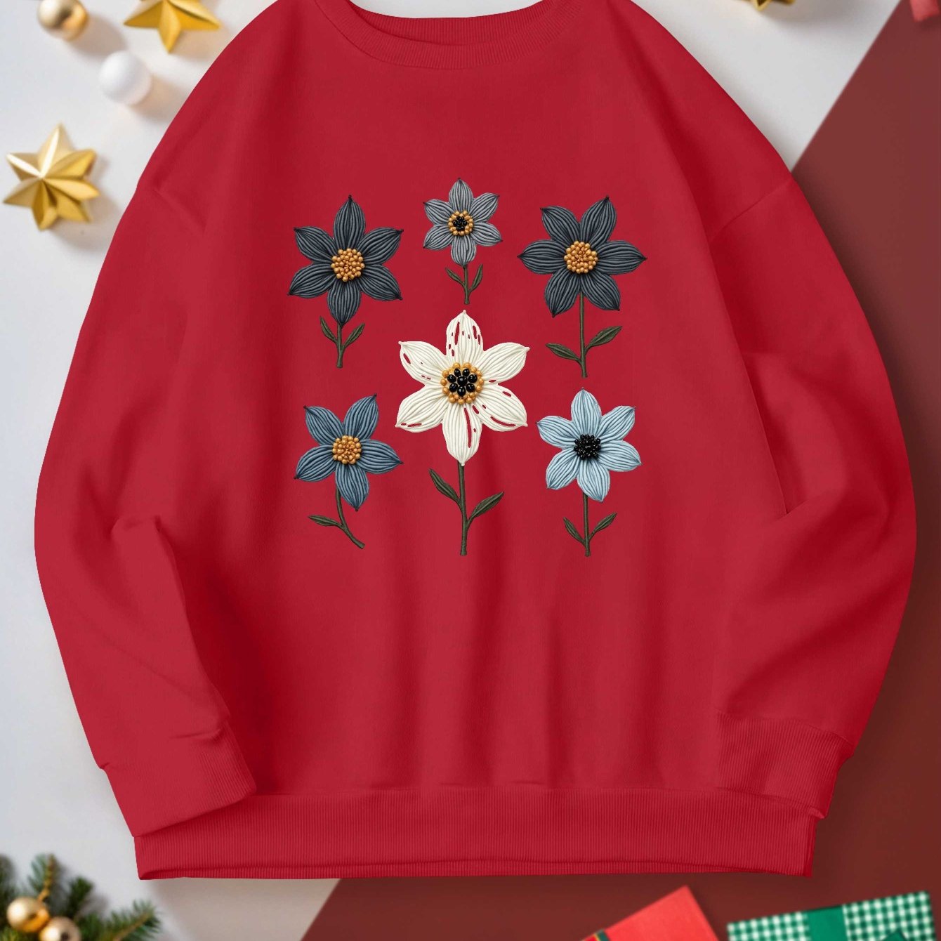 Women's Plus Size Casual Sweatshirt - Embroidered Floral Design with Beadwork, Vibrant Red Long Sleeve Round Neck Pullover, Machine Washable Autumn Winter Fashion Top, Cute Sweatshirts, Detailed Embroidery