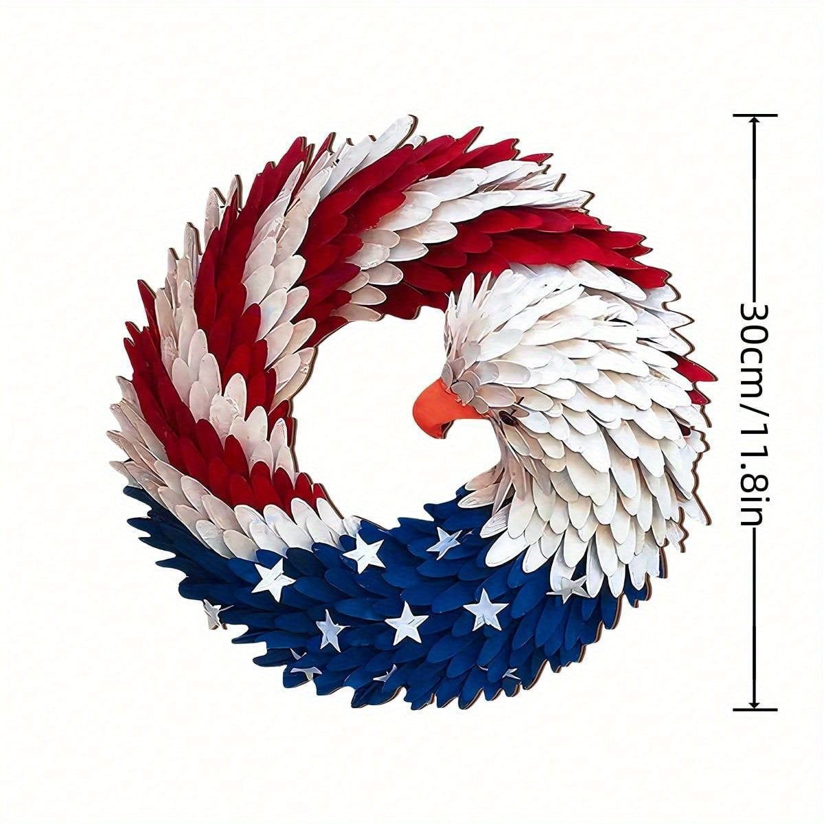 2D Wooden Eagle Wreath for Front Door - Patriotic Stars & Stripes Design, Weatherproof Outdoor/Indoor Decoration, 4th of July Independence Day Decor, No Electricity Needed, Durable Plastic & Fabric Craft