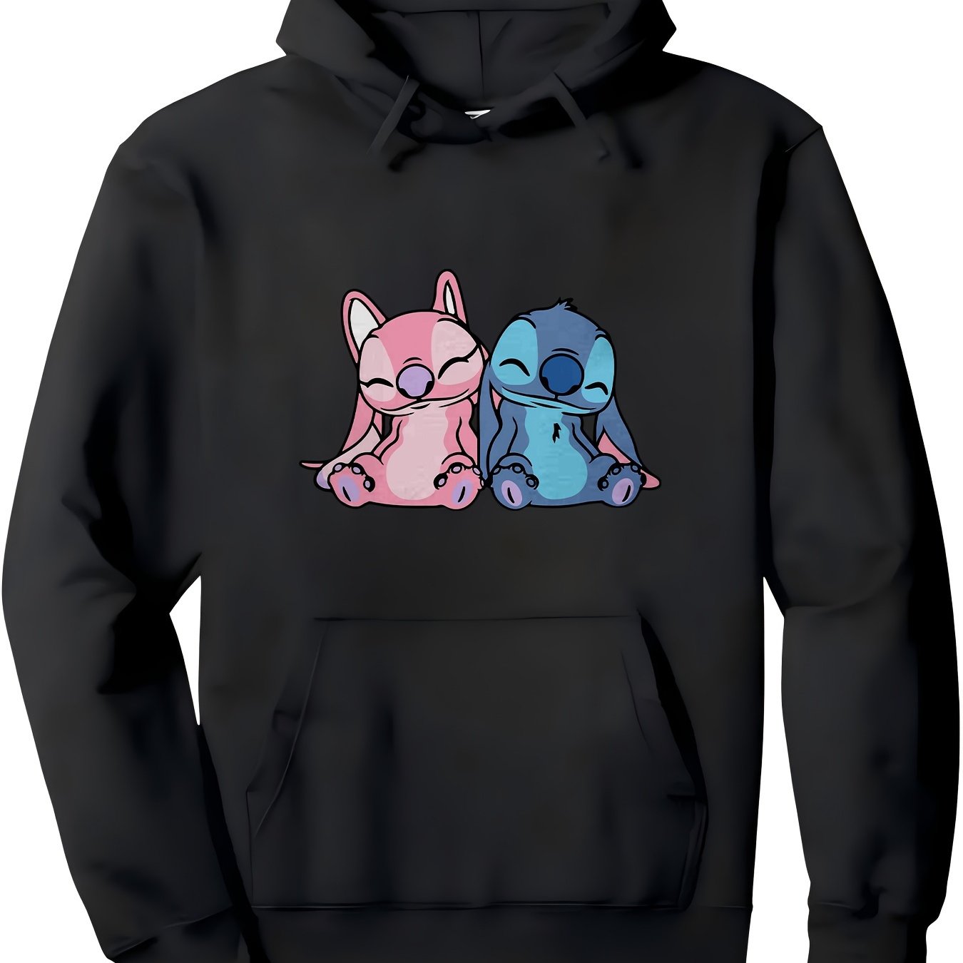 Disney Stitch & Lilo Graphic Print Hoodie - Black Relaxed Fit 50% Cotton 50% Polyester Blend, Family Matching Pullover for Beach Vacation, Birthday & Holiday Gift, Machine Washable Casual Wear, Fan Merchandise, Durable Fabric