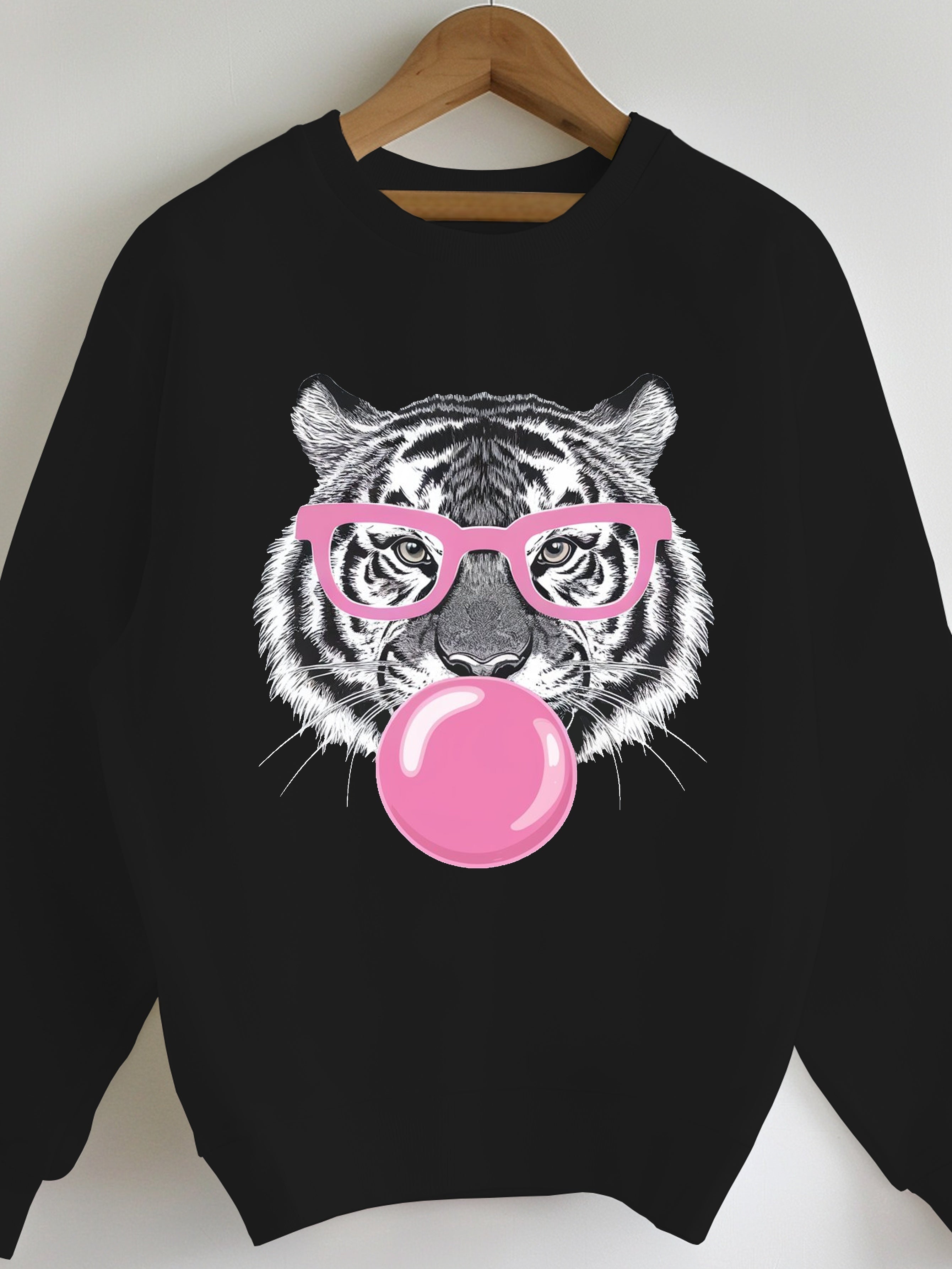 Women's Cozy Green Tiger Bubblegum Graphic Sweatshirt - Casual Crew Neck, Long Sleeve, 100% Polyester Pullover, Machine Washable - Perfect for Fall/Winter