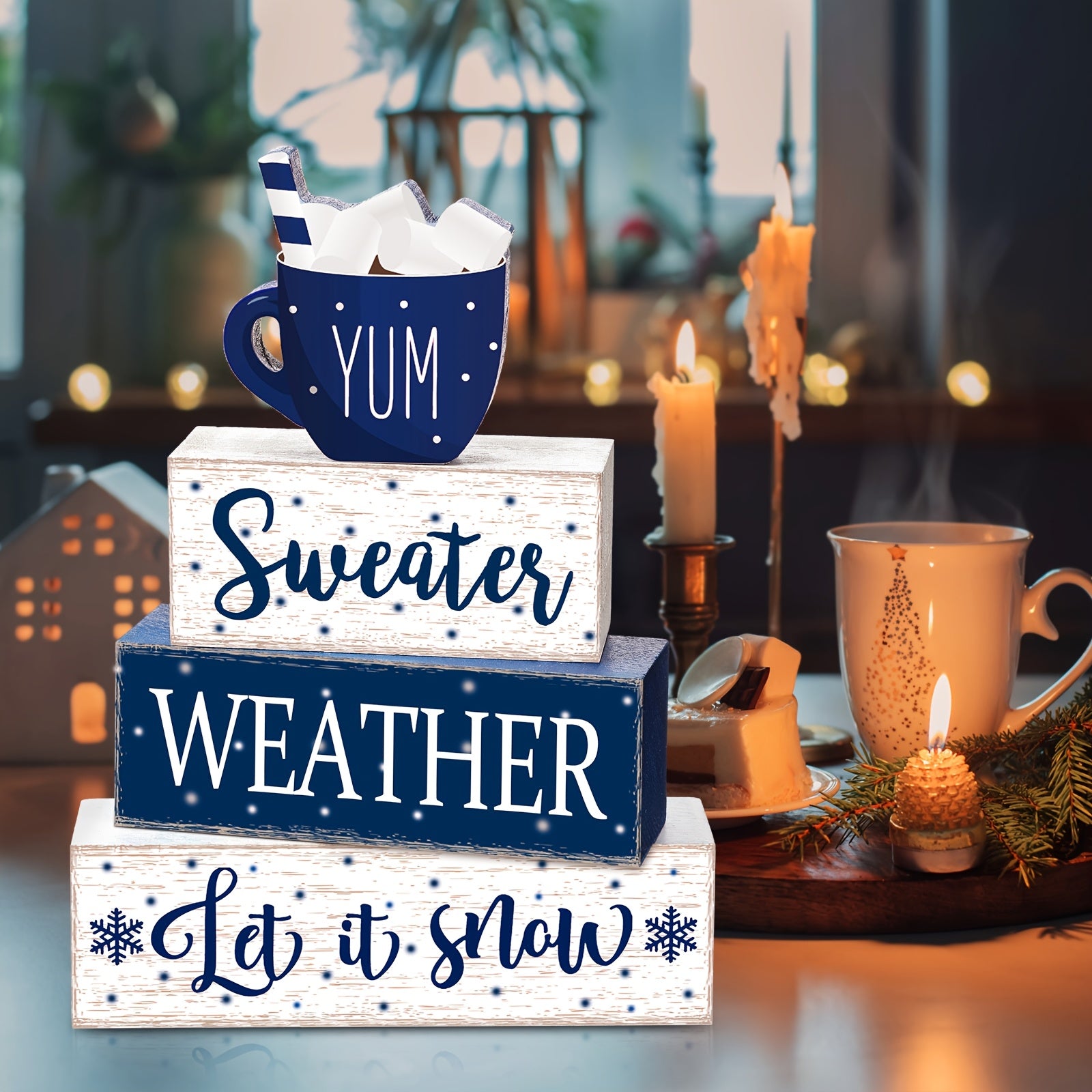 Winter Wooden Tabletop Decor Let It Snow Tiered Tray Decor Snowflakes Decorative Wood Block Sign Gift Wooden Farmhouse Christmas Table Centerpiece Winter Decor for Home Indoor Holiday