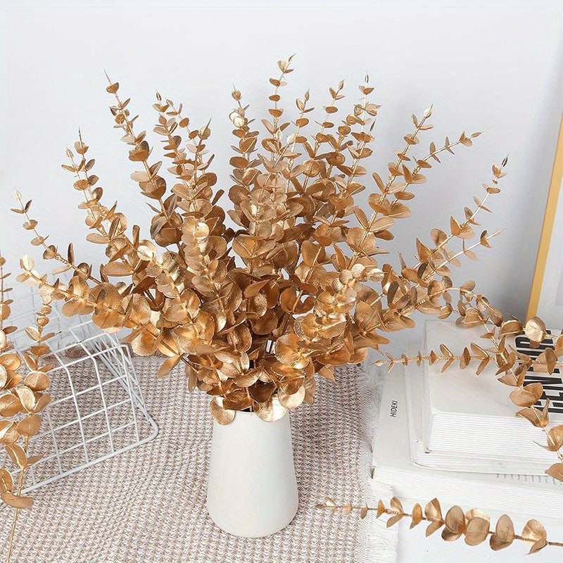 Eucalyptus Stems Artificial Eucalyptus Leaves Decor Eucalyptus Branches Fake Eucalyptus with Fake Leaves 15.35 inch Faux Eucalyptus Stem for Vase Wedding Bouquet Home (Silvery, Golden)
