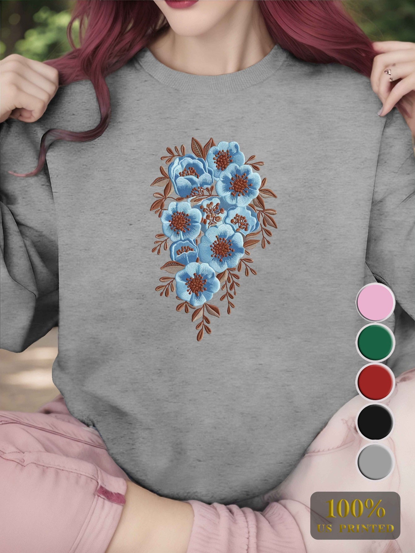 1pc Women'S Casual Floral Embroidery Crew Neck Sweatshirt - Polyester Knit Fabric, Geometric Pattern, Regular Length, Fall/Winter Collection