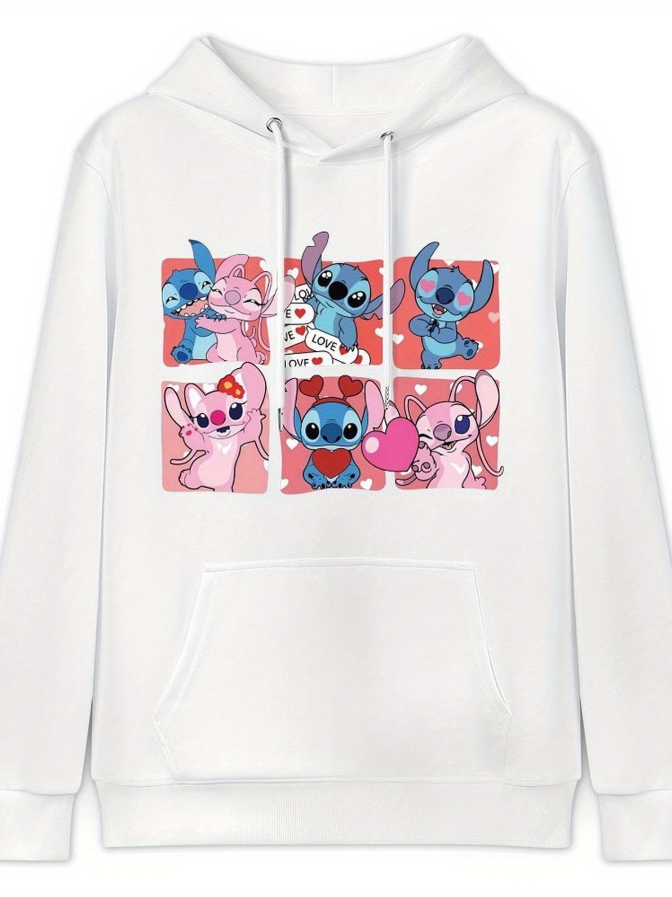 Disney Men's Black Retro Pullover Hoodie with Stitch & Angel Valentine's Digital Print, Soft Regular Fit Casual Sweatshirt, Machine Washable, Front Pocket, Disney Friends Graphic Design, Disney Hoodie, Durable Comfort Wear