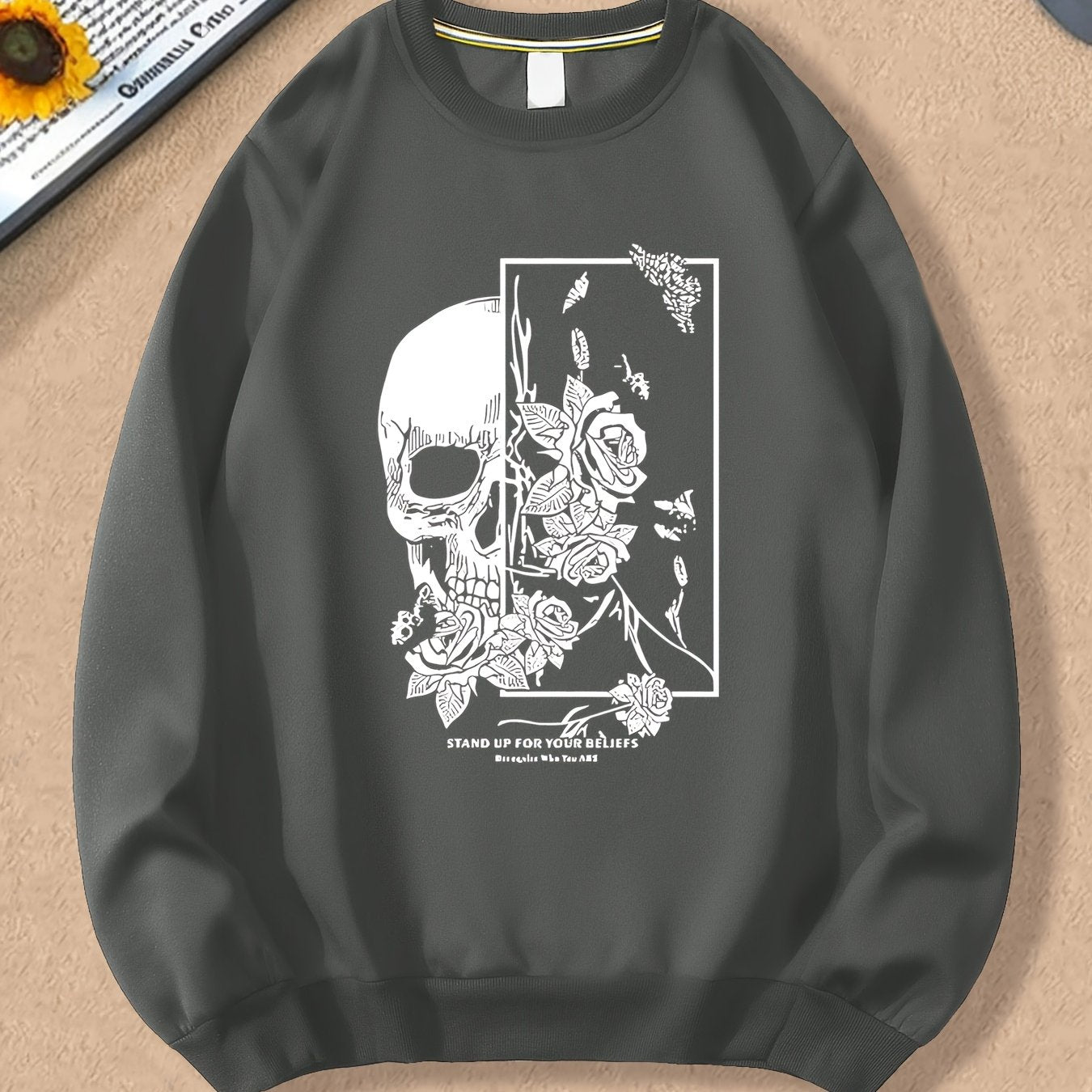 Spring And Autumn, Men'S Fashion Crew Neck Sweater, Skull Rose Letter Print Pattern, Outdoor Wear Inside And Outside With The Same Crew Neck Sweater For Men And Women