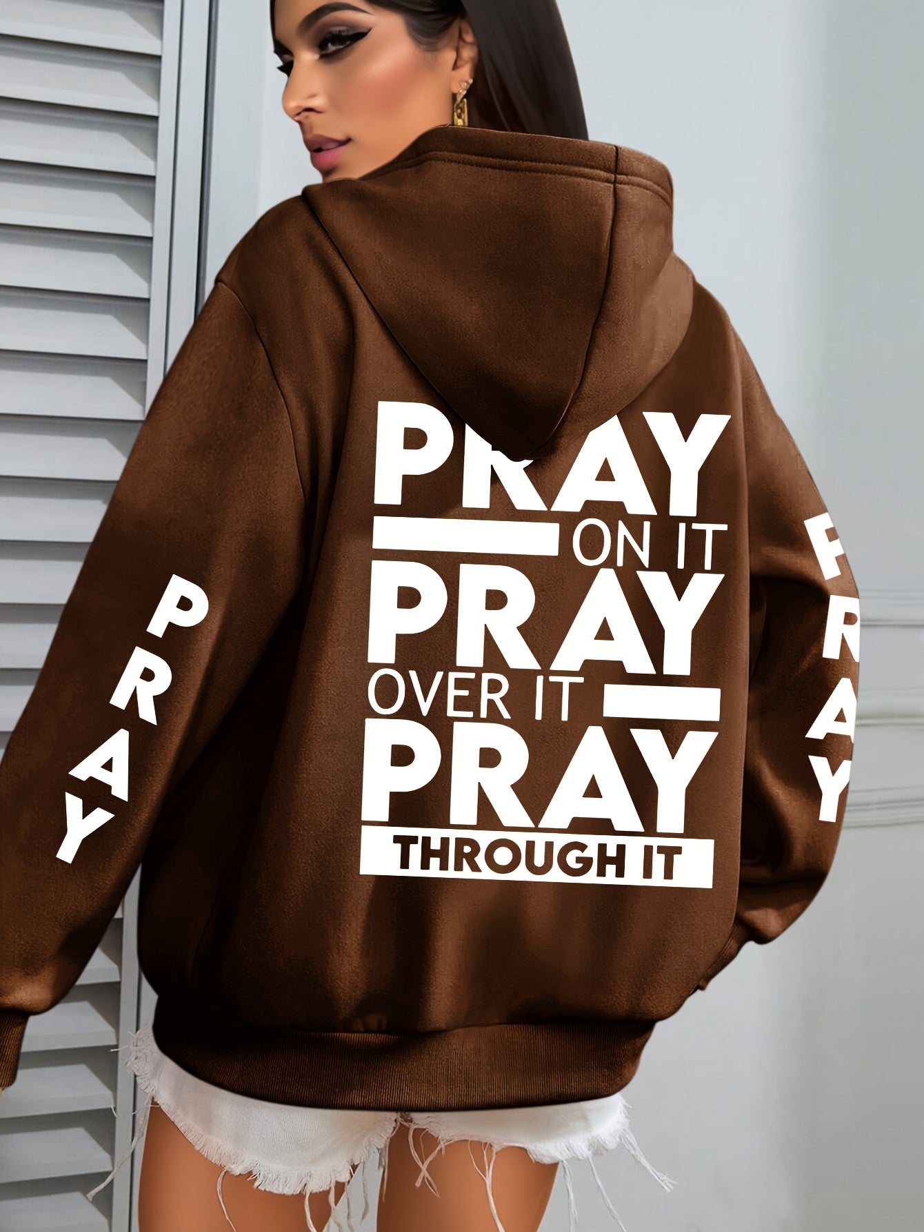 Plus Size PRAY Print Kangaroo Pocket Hoodie - Cozy Casual Long Sleeve Drawstring Sweatshirt with Relaxed Fit for Spring and Fall, Soft and Breathable Fabric, Women's Comfortable Plus Size Clothing