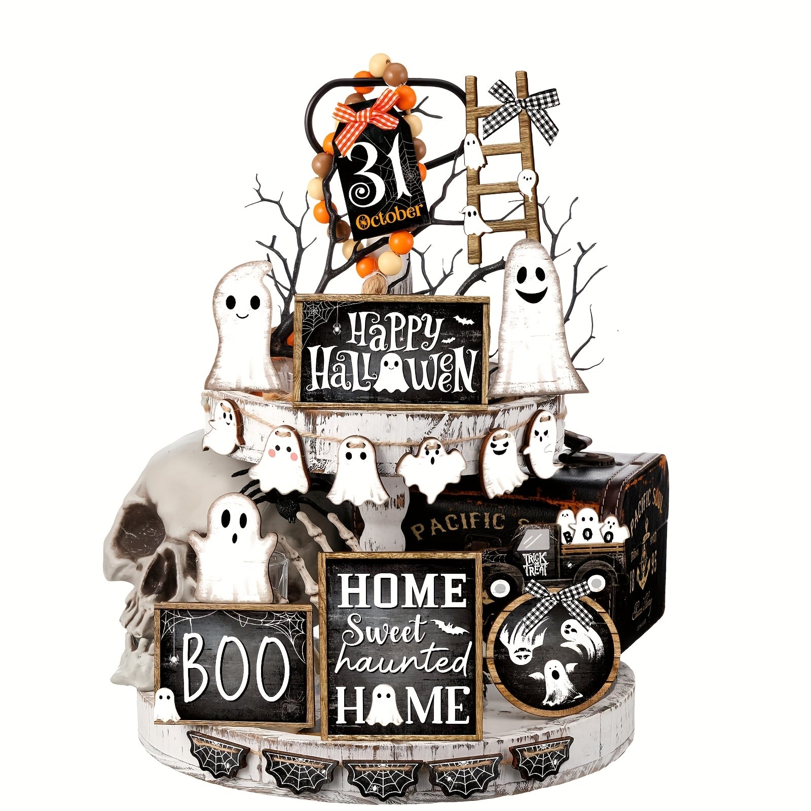 Halloween Tiered Tray Decor Set of 21pcs - Rustic Wooden Sign for Table Centerpiece, Farmhouse Kitchen, Party Shelf Display - Spooky Indoor Home Decorations - Event Setup for Holiday, Summer Gathering, Independence Day Party