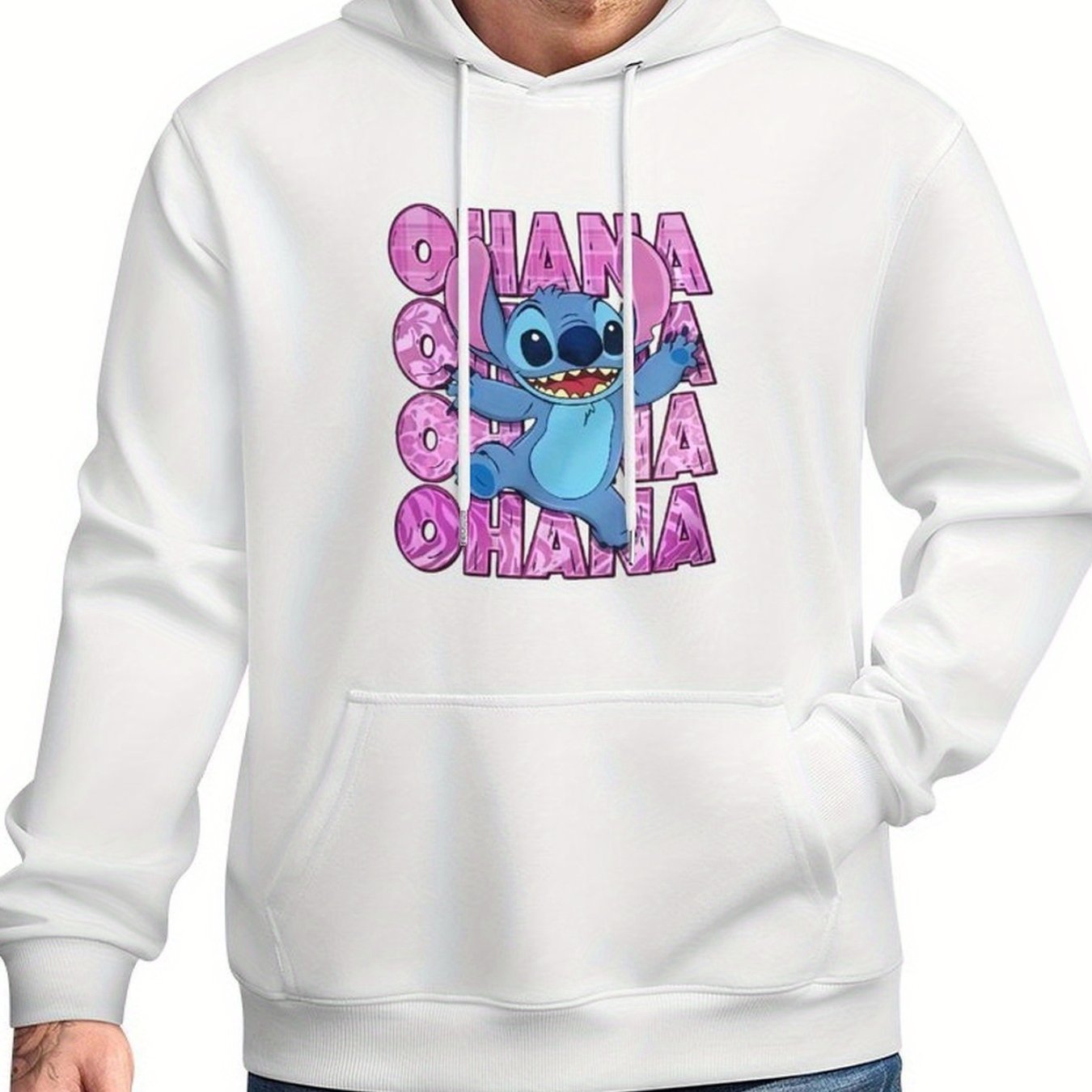 Disney Men'S Black Retro Pullover Hoodie with Stitch Ohana Disney Friends Digital Print, Soft Regular Fit Casual Sweatshirt, Machine Washable, Disney Sweatshirt
