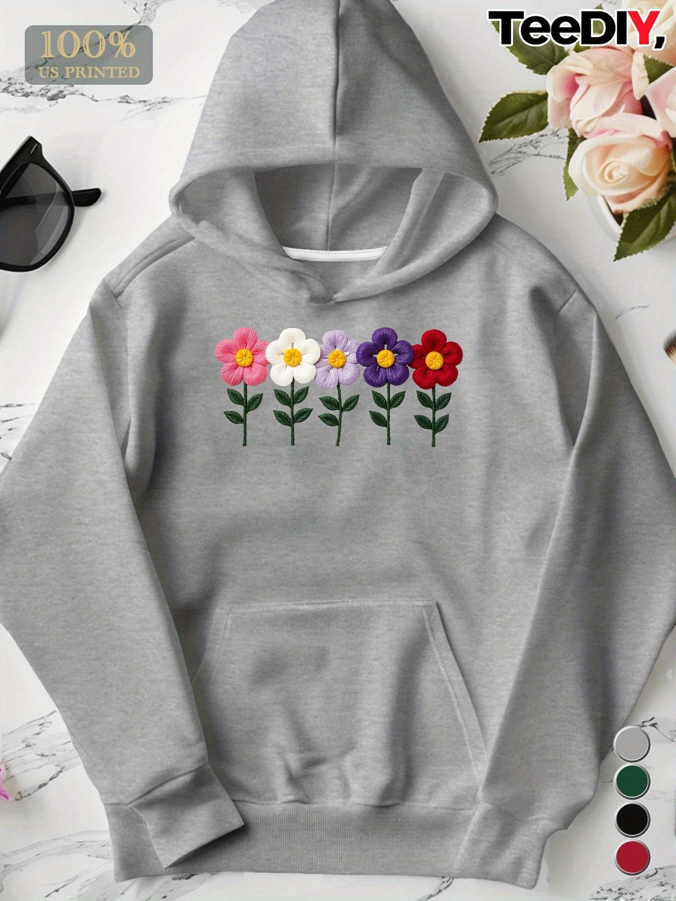 Embroidered Colorful Flowers Row Women'S Plus Size Hoodies