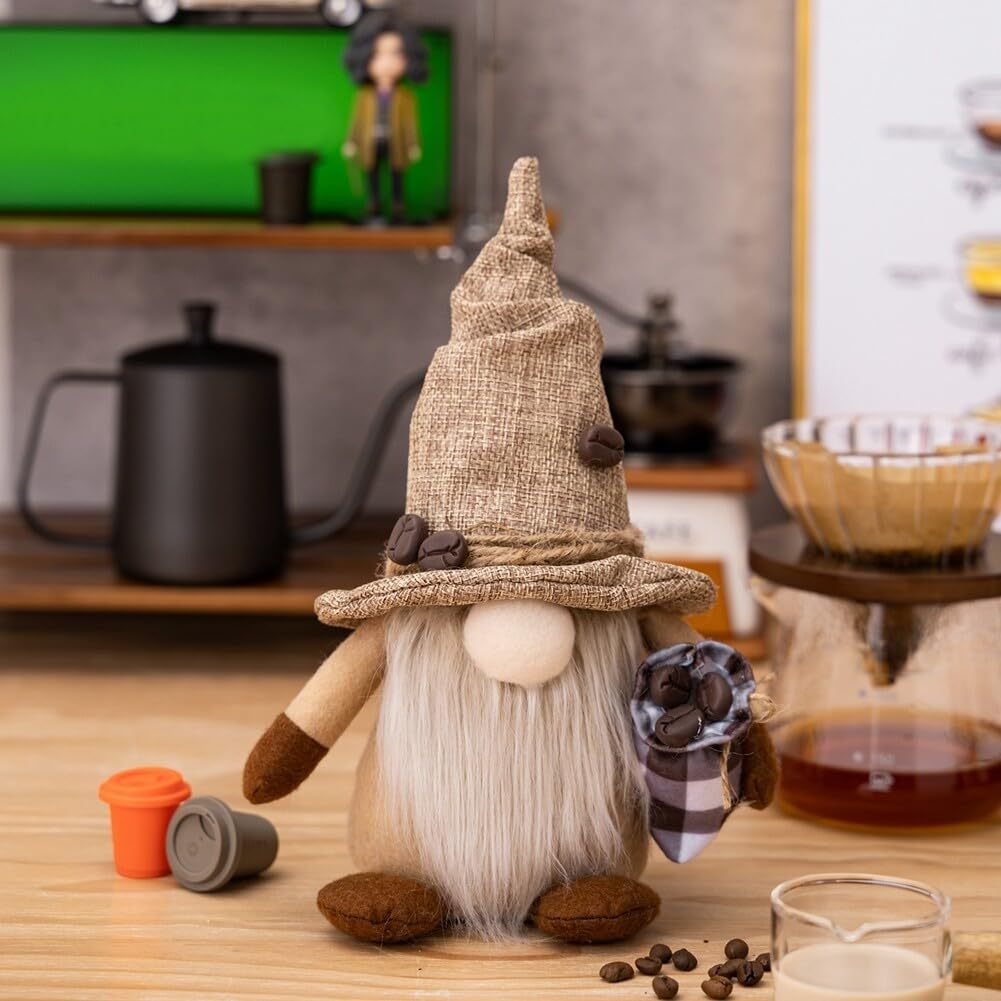 Coffee Gnomes Plush Doll Coffee Bar Decoration Swedish Tomte Elf Dwarf Collectible Figurines Dangle Leg Shelf Sitters Farmhouse Home Kitchen Decor Coffee Lover Gifts