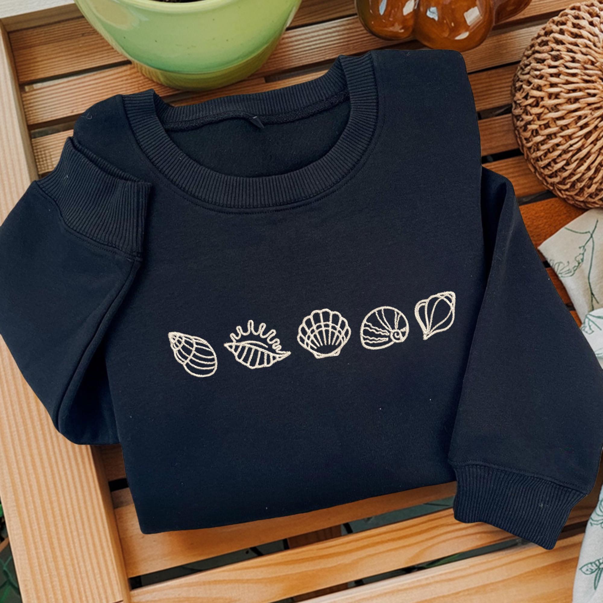 Sea Shells Embroidered Crewneck, Beach Shirt, Ocean Lover Gift, Nautical Hoodie, Coastal Beach Sweatshirt, Seaside Pullover, Sea Animal Tee