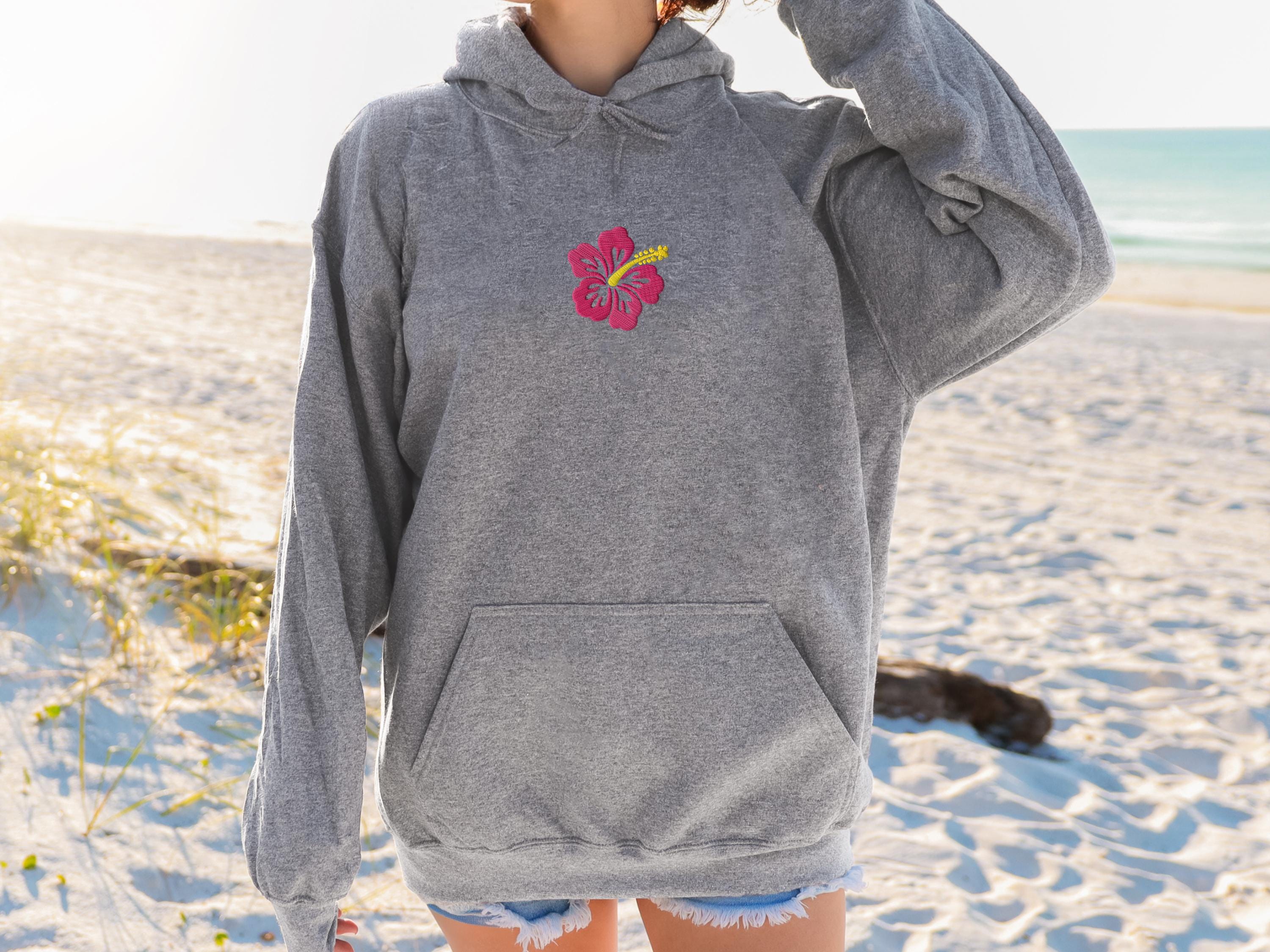Embroidered Hibiscus Flower Hoodie, Beach Sweatshirt, Summer Hoodie Sweatshirt, Comfy Flower Sweatshirt, Unisex Hoodie, Embroidered Hoodie