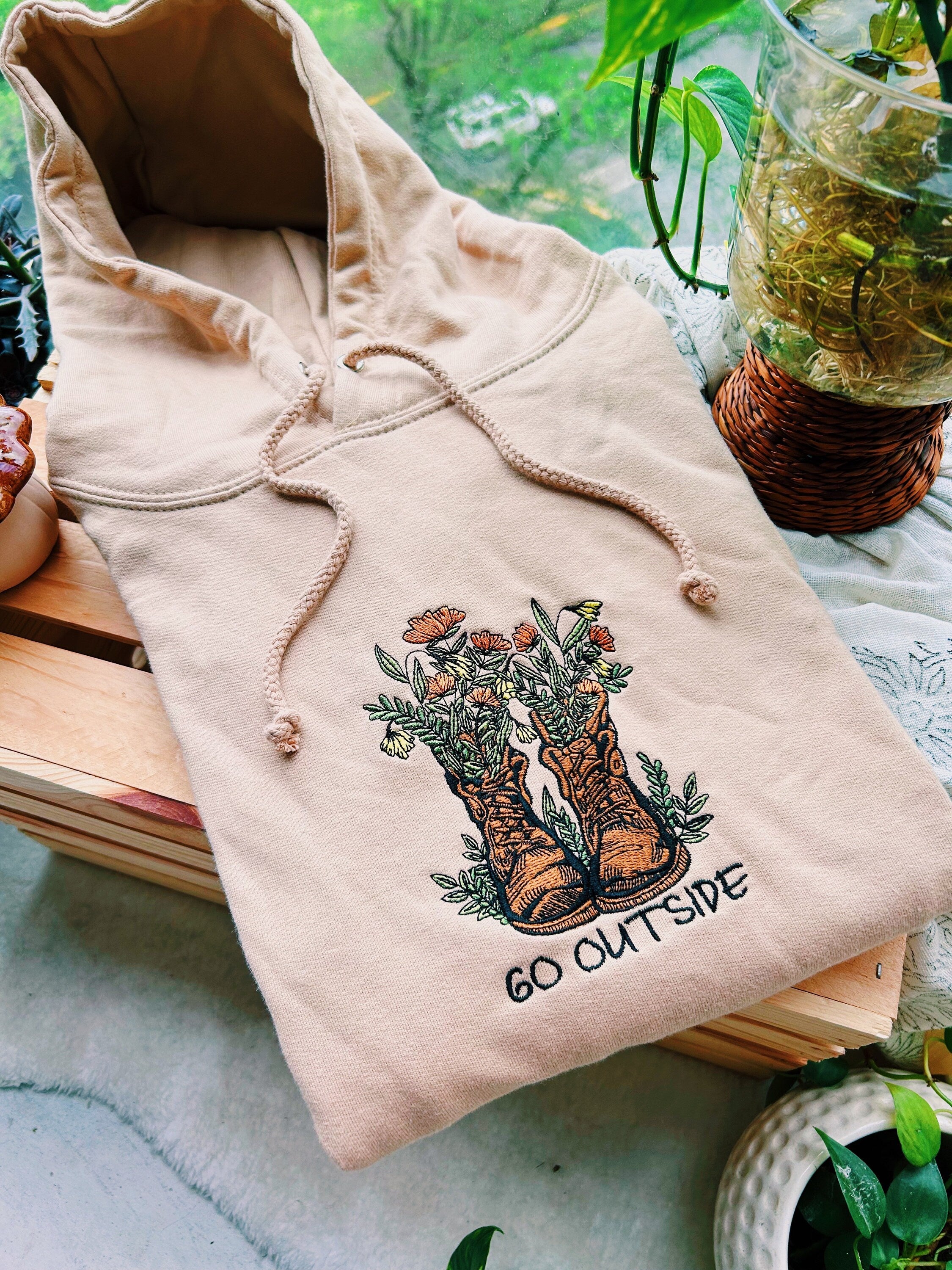 Tan Go Outside Embroidered Hoodie - Unisex Mushroom Floral Fleece Pullover - Hiking Granola - Gifts for Her/ for Him - Cottagecore - Indie