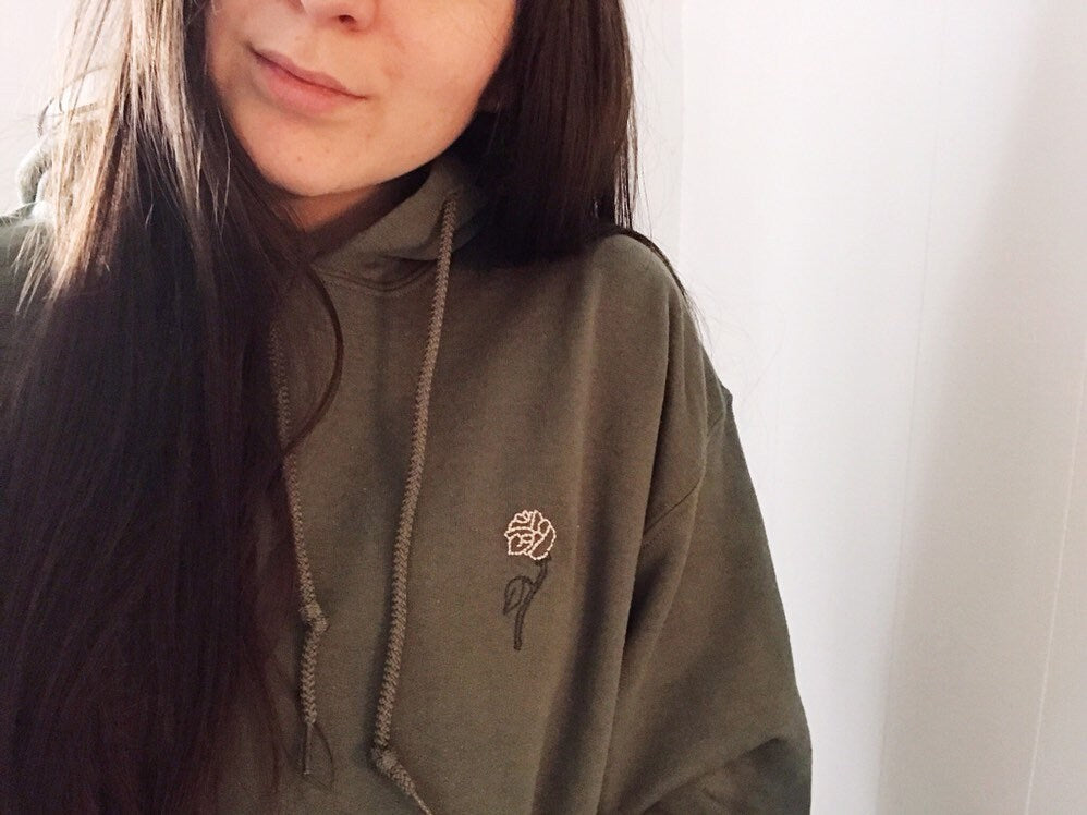 Rose Embroidered Hoodie - Hand Embroidered