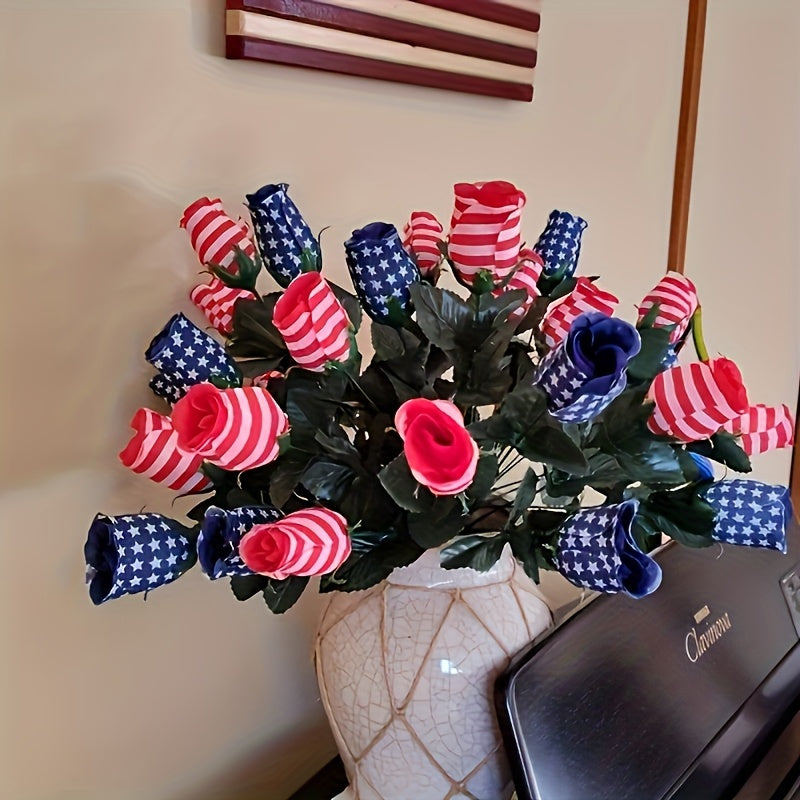 11 Patriotic American Flag Roses Bouquet - Plastic Silk-Like Red White & Blue Stripes with Green Foliage, Memorial Day Veterans Day Home Decor, Cemetery Wreath, No Vase Needed