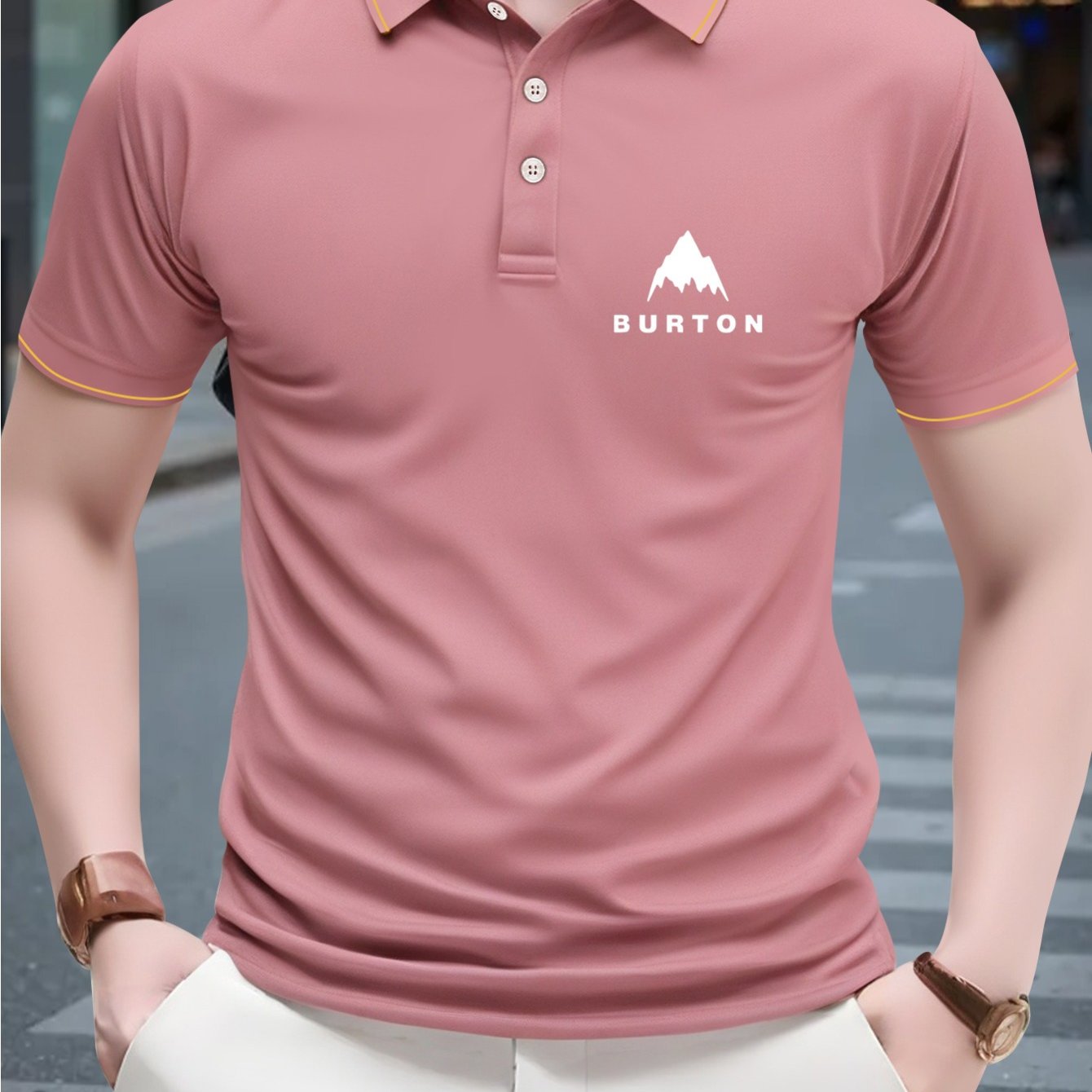 1pc Burton Men's Shirt - 230g Breathable Polyester, Light Beige-Friendly Soft, Geometric Mountain Logo Print, Green with White Collar & Yellow Trim, Regular Fit Short Sleeve for Golf & Casual Outings, Summer Apparel, Classic