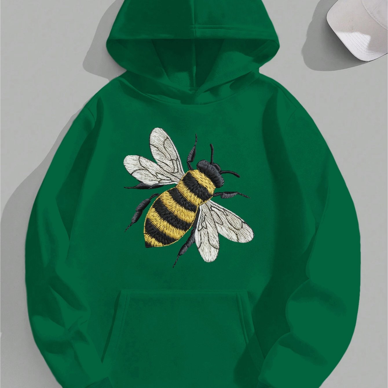 Women's Black Hoodie with Embroidered Bee Design - Cozy Long Sleeve Knit Sweatshirt, Polyester Blend, Front Pocket, Fall/Winter Casual Wear, Fall Casual Clothing | Hooded Sweatshirt | Knit Texture Hoodie, Sweater Hoodie