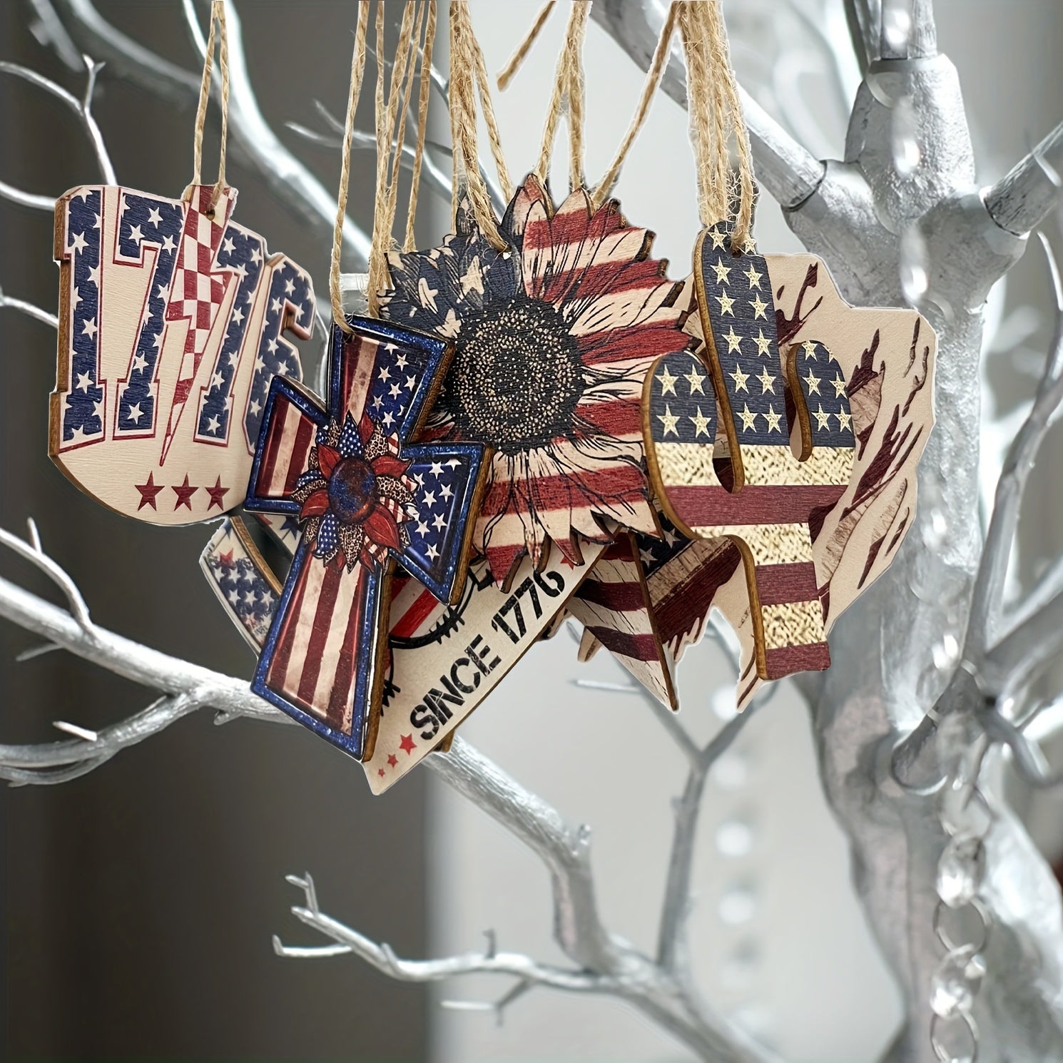 Vintage Wooden Patriotic Tree Ornaments: Celebrate Independence Day with Rustic American, Star, Cactus, Sunflower, and Cross Ornaments