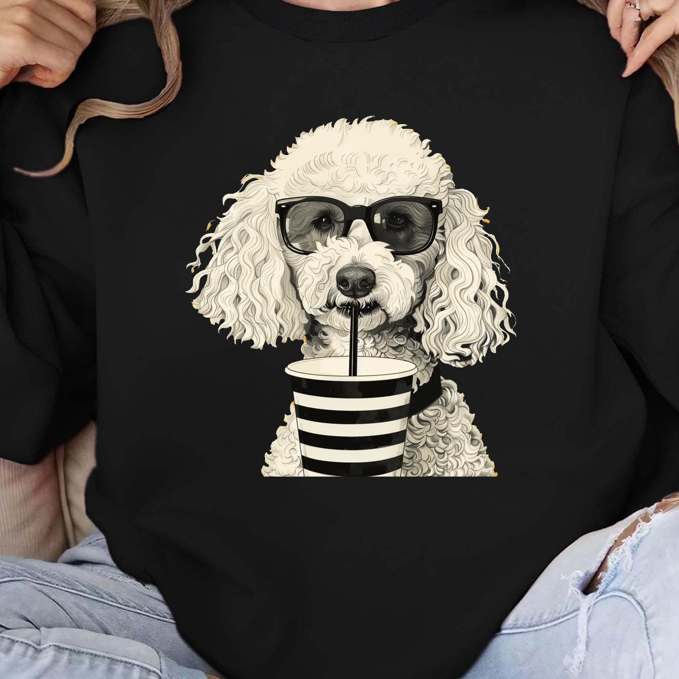 white poodle with sunglasses women's sweatshirts
