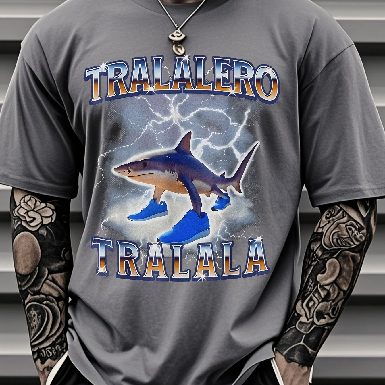 Tralalero Men's Shark Lightning Graphic T-Shirt - Bold TRAALERO TRAALALA Design, Vibrant Blue Casual Streetwear, Regular Fit Short Sleeve Tee for Music Festivals, Concerts & Beach Days, Concert Attire, Festival Clothing, Digi