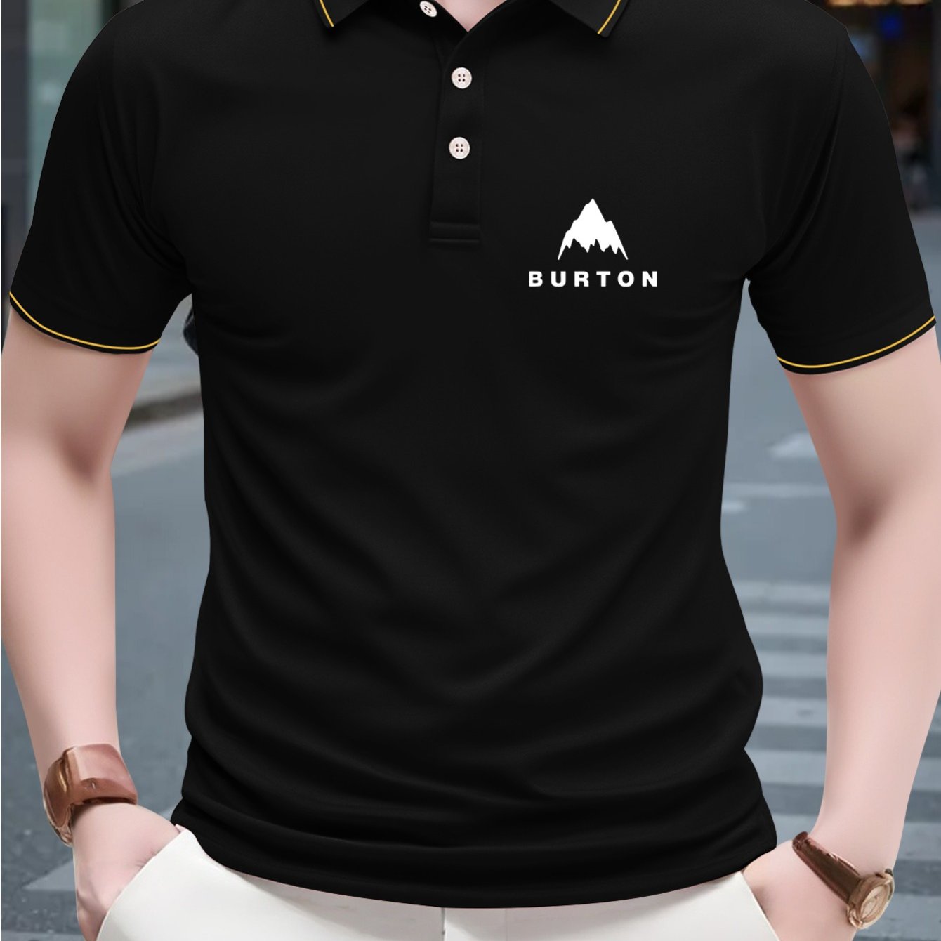1pc Burton Men's Shirt - 230g Breathable Polyester, Light Beige-Friendly Soft, Geometric Mountain Logo Print, Green with White Collar & Yellow Trim, Regular Fit Short Sleeve for Golf & Casual Outings, Summer Apparel, Classic