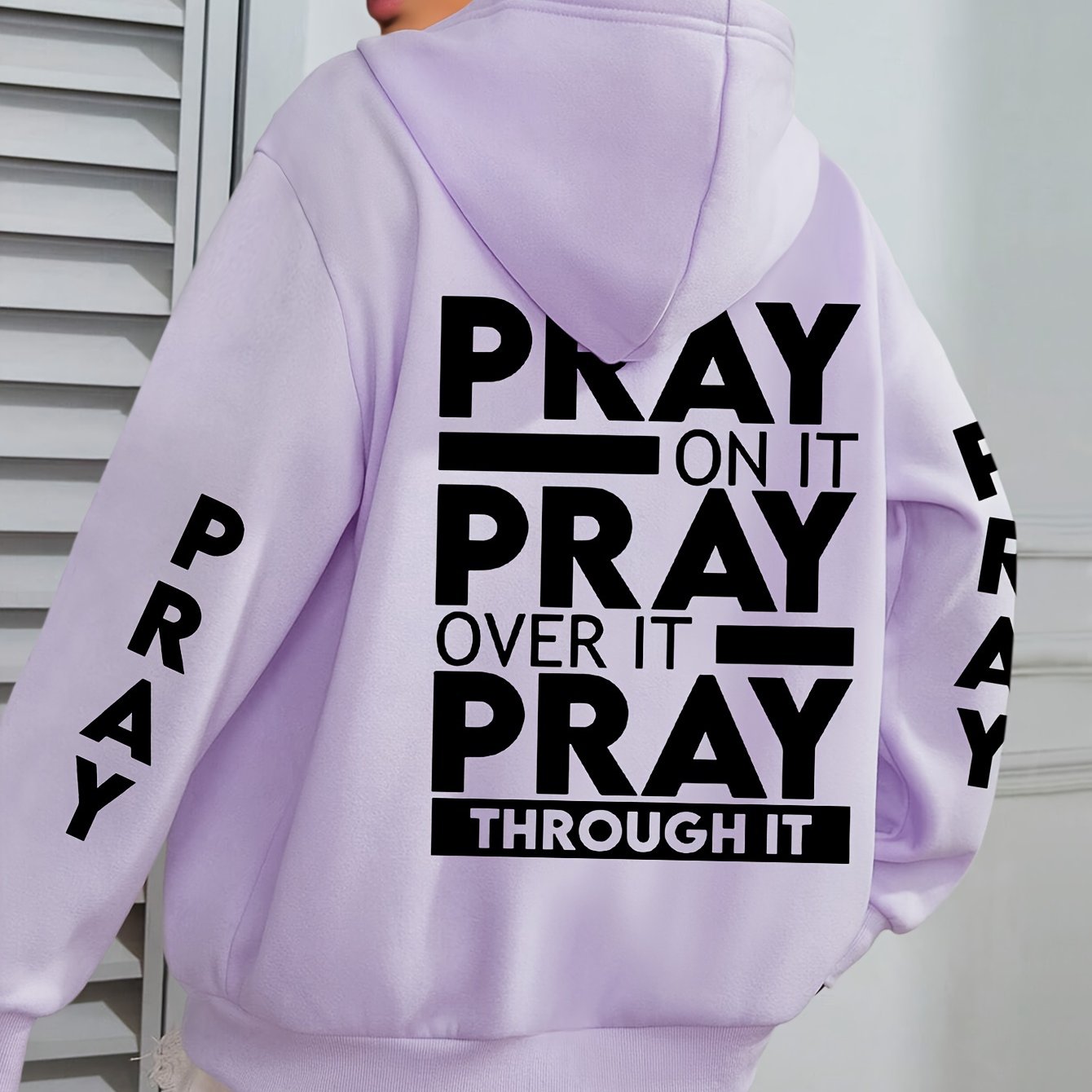 Plus Size PRAY Print Kangaroo Pocket Hoodie - Cozy Casual Long Sleeve Drawstring Sweatshirt with Relaxed Fit for Spring and Fall, Soft and Breathable Fabric, Women's Comfortable Plus Size Clothing