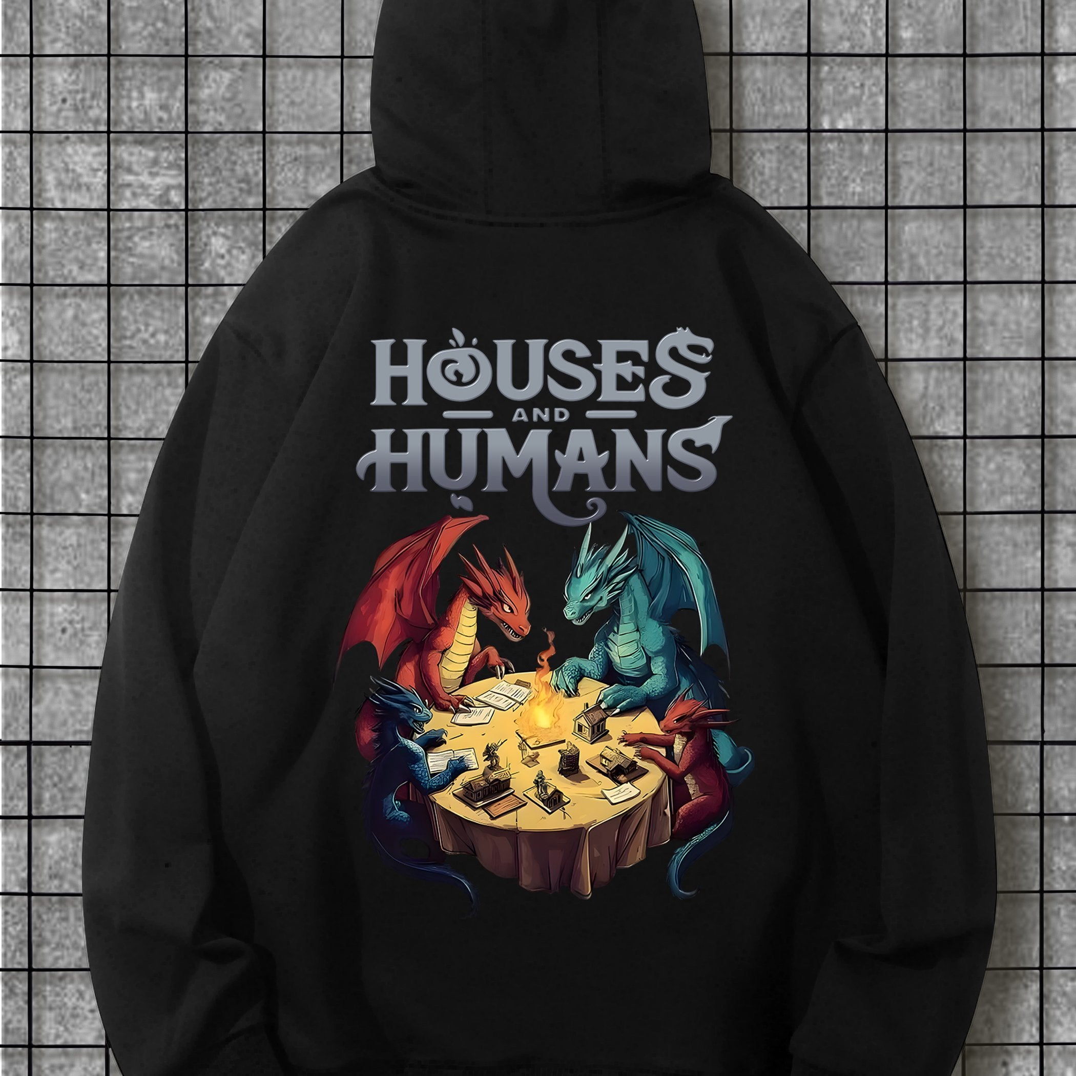 Houses and Humans DnD Cotton Hoodie - Long Sleeve, Knit Fabric, Relaxed Fit, Full Size, Fashionable Graphic Print, Perfect for Casual Outings and Daily Wear