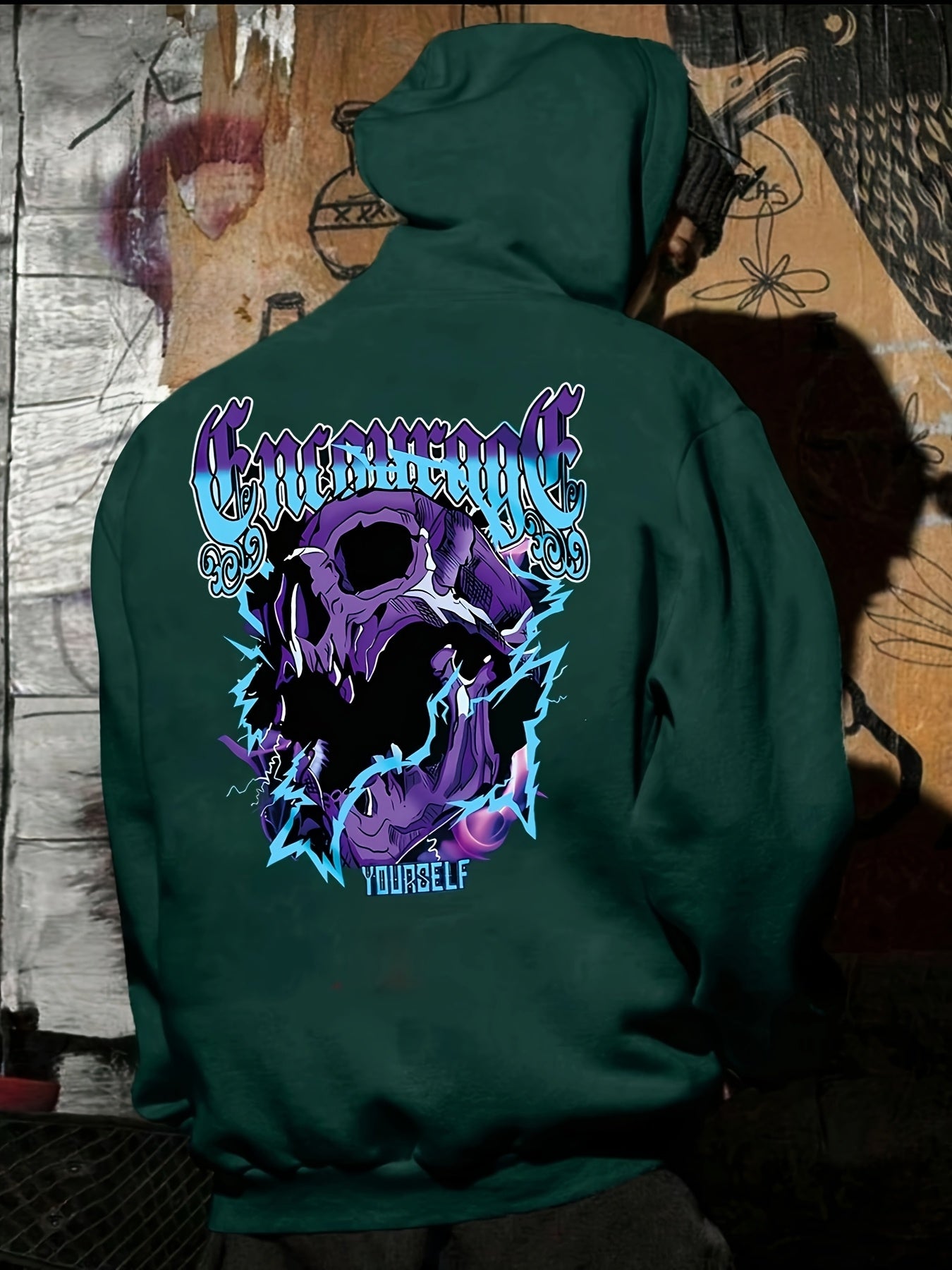 Men's Black Skull & Lightning Bolt Graphic Hoodie - Relaxed Fit Casual Pullover with