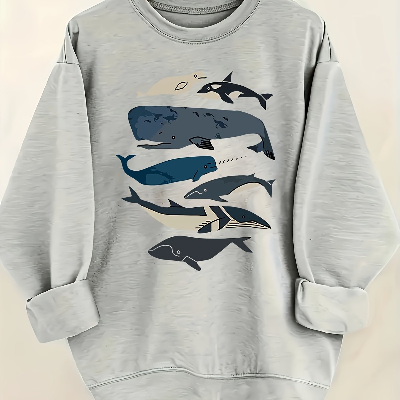 Women's Casual Whale Print Crew Neck Sweatshirt - Black with Blue & White Whale Design, Long Sleeve, Machine Washable, All-Season Comfort