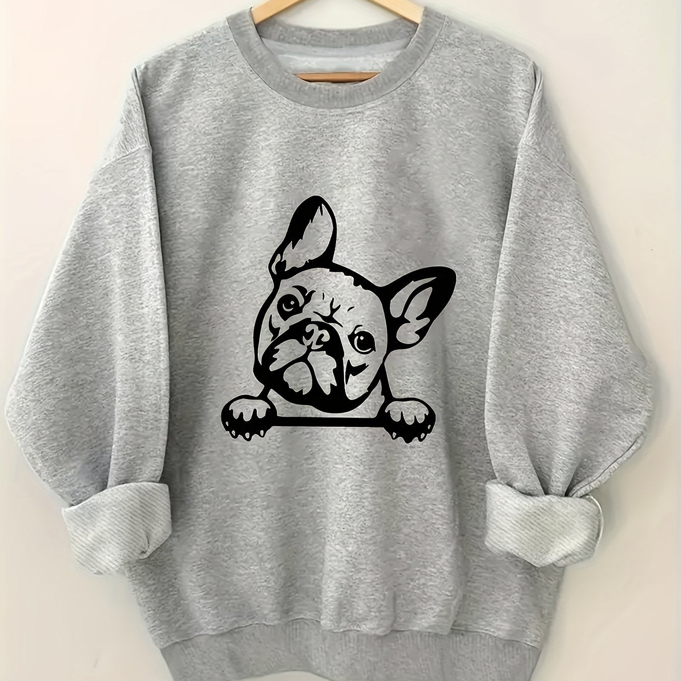 Women's French Bulldog Graphic Crew Neck Sweatshirt - Cozy Casual Long Sleeve Pullover with Relaxed Fit, Machine Washable, All-Season Comfort & Cute Animal Print Design, Everyday Apparel | Round Neckline Top, Dog Sweatshirt