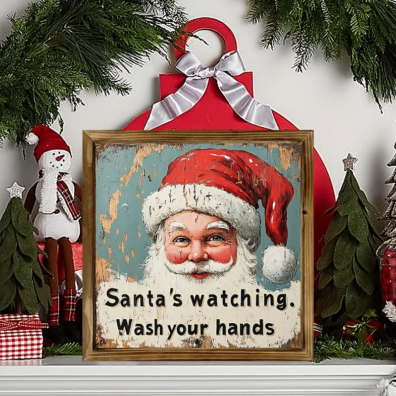 Woodcut Charming Rustic Santa Sign - Wall Art for Home & Bathroom Decor, Perfect Christmas Decor