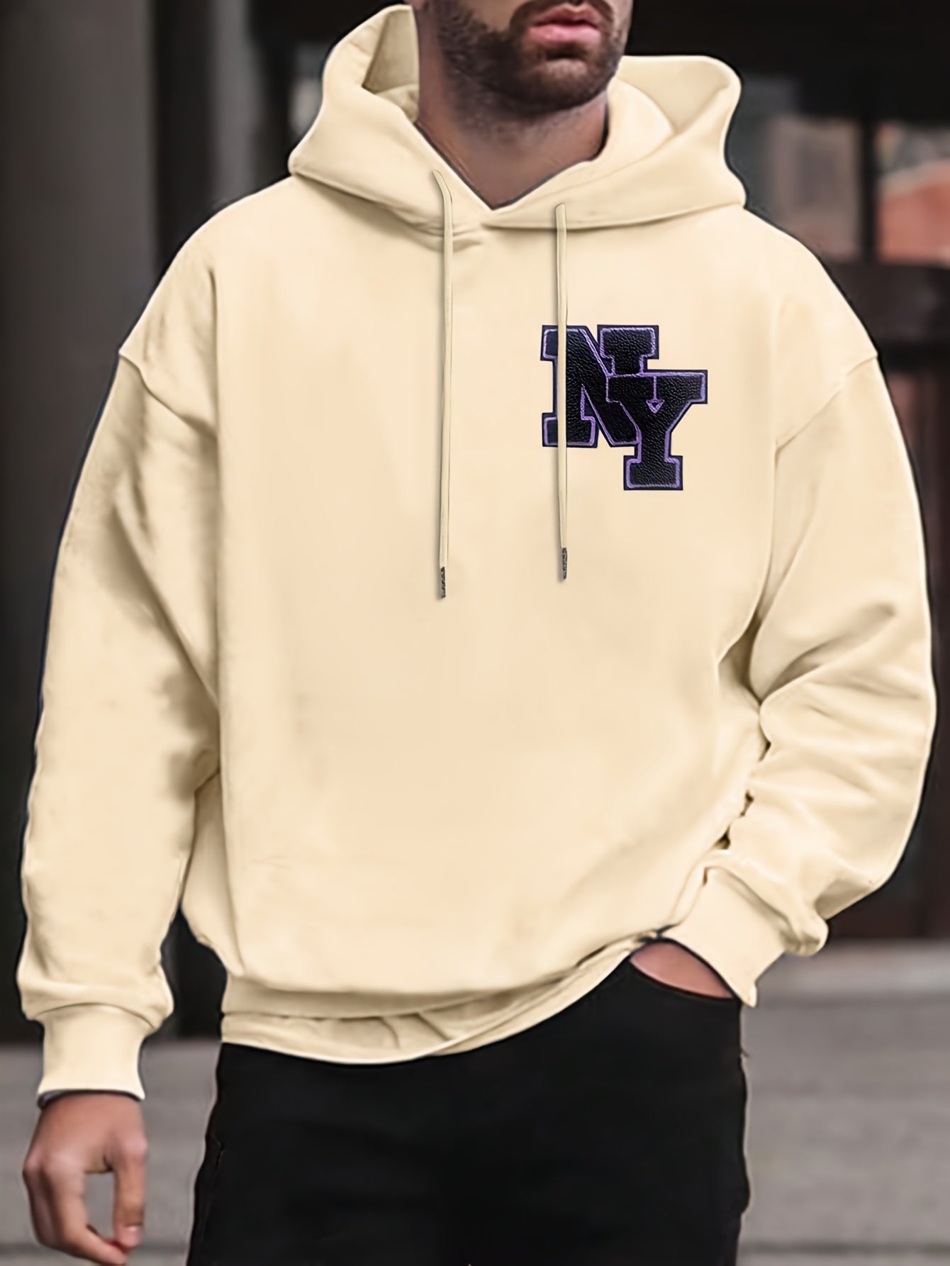 New York Embroidered Men's Hoodie - Casual Pullover with Drawstring, Long Sleeve & Kangaroo Pocket | Cozy Polyester Blend for Fall/Winter