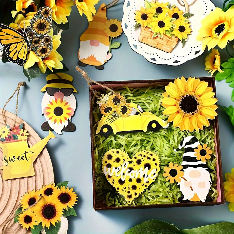 Wooden 2D Sunflower, Gnome, Butterfly, Chrysanthemum, Sunflower, Car, Kettle Pendant - Yellow Floral Pendant With Rope, Perfect For Birthday Parties And Holiday Celebrations, Gnome Garden Decoration!