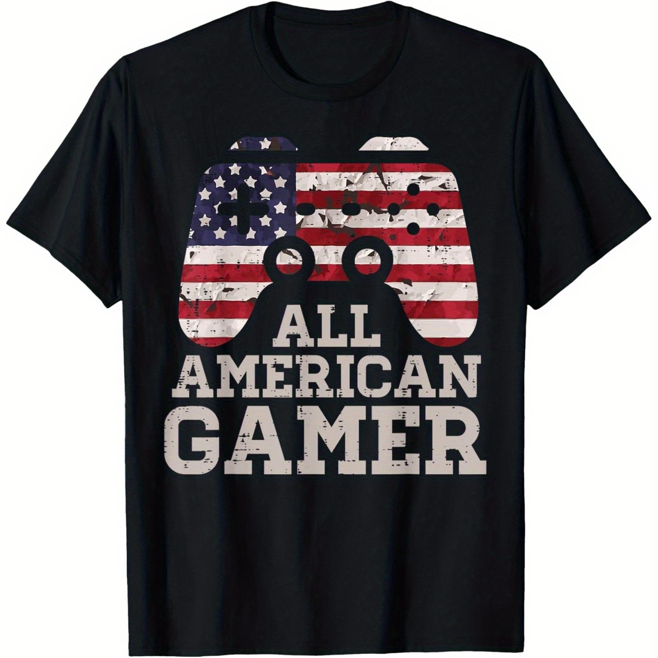 4th of July Patriotic American Flag Gaming T-Shirt - ALL AMERICAN GAMER Design with Controller Graphic, 100% Cotton 180g Crew Neck Tee for Men, Women, Teens - Machine Washable Casual Shirt (Sizes S-XXXL), Gamer T Shirt, Festi