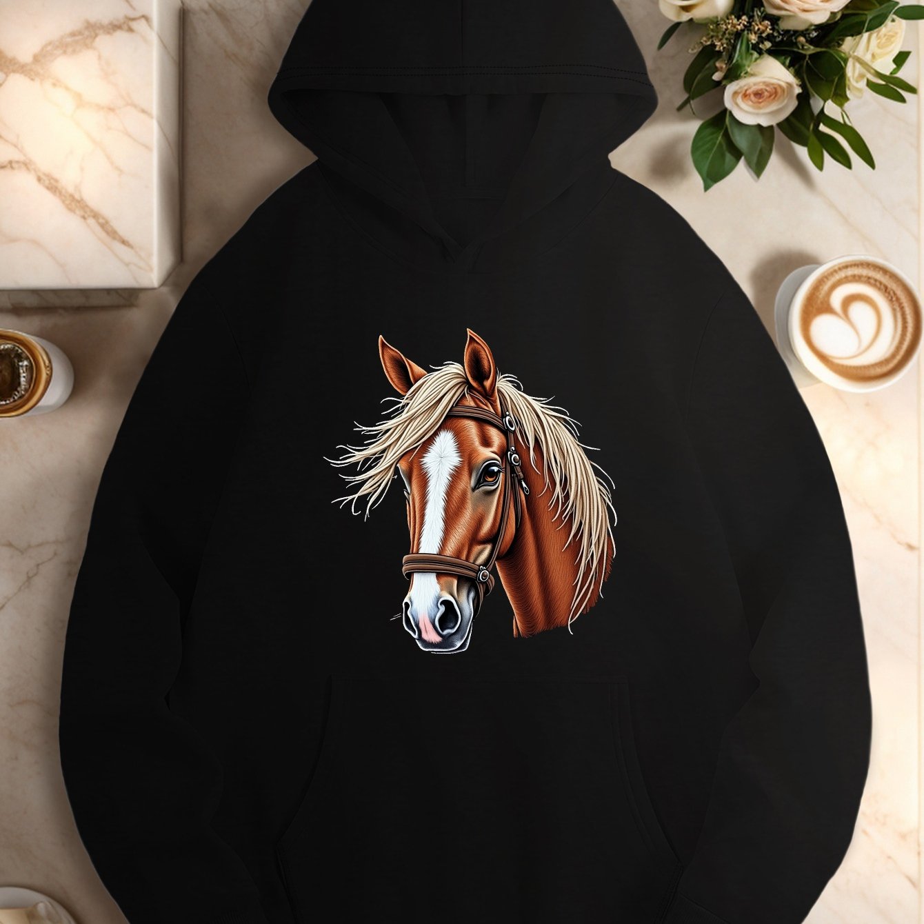 Plus Size Women'S Hoodie with Embroidered Horse Head & Harness Design - Cozy Long Sleeve Pullover with Pockets, Black Casual Fall/Winter Top, Oversized Hoodie