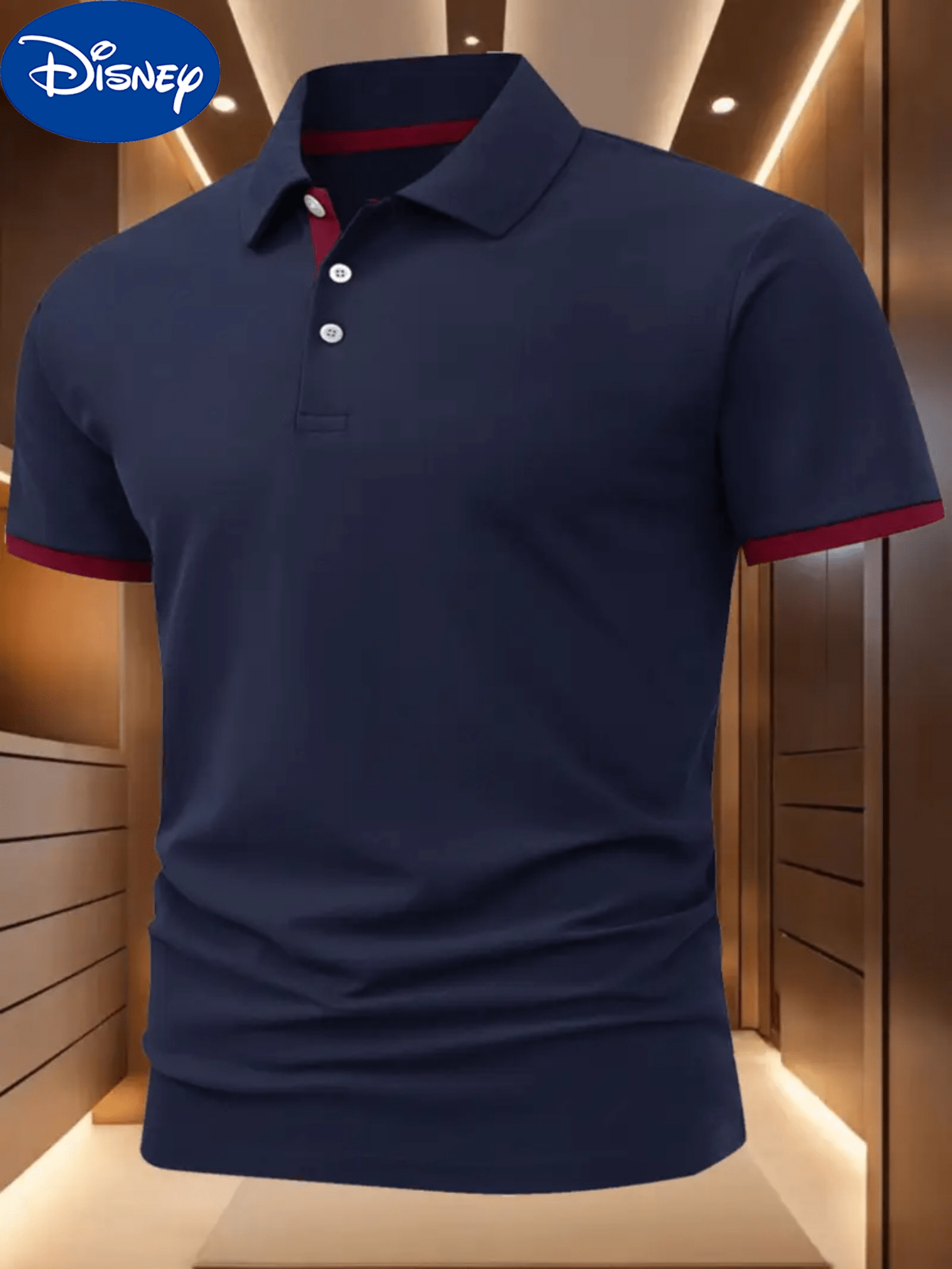 Disney Minnie Mouse Bow Print Men's Shirt - Maroon & Navy Color Block Collar & Cuffs, Lightweight Quick-Dry Polyester, Breathable Golf & Tennis Shirt, Business Casual Summer Top, Machine Washable Gift for Him, Breathable Poly