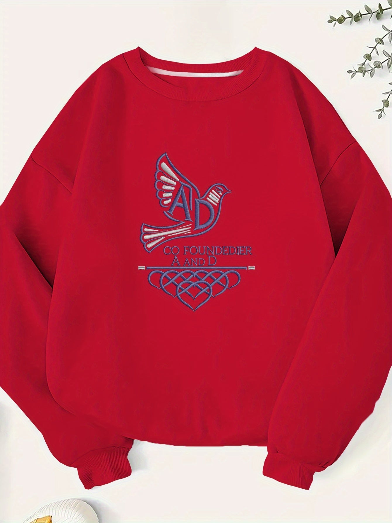 Plus Size Women's Green Sweatshirt with White Dove & Hearts Embroidery - Casual Crew Neck, Long Sleeve, 100% Polyester, Machine Washable - Perfect for Fall/Winter