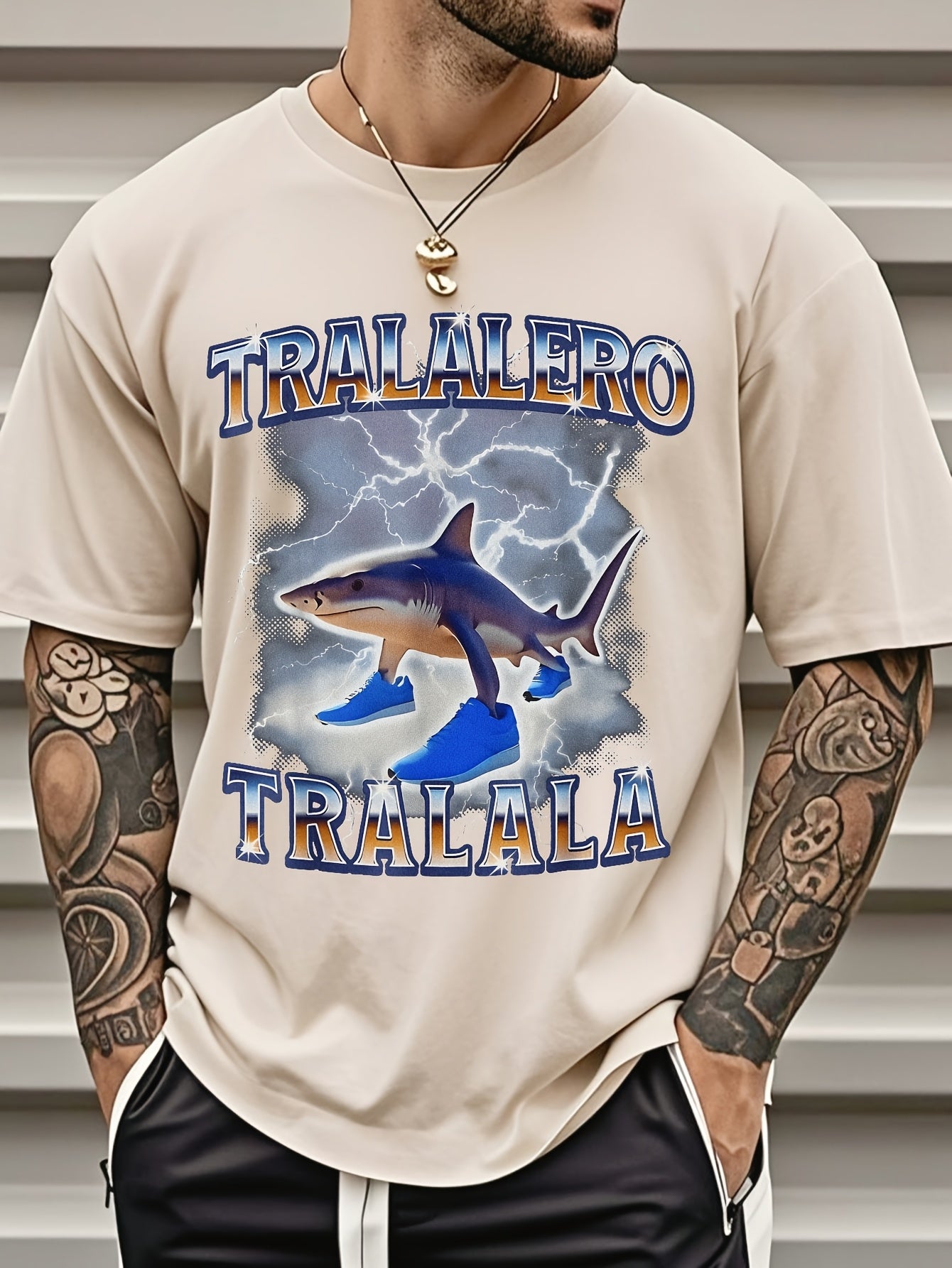 Tralalero Men's Shark Lightning Graphic T-Shirt - Bold TRAALERO TRAALALA Design, Vibrant Blue Casual Streetwear, Regular Fit Short Sleeve Tee for Music Festivals, Concerts & Beach Days, Concert Attire, Festival Clothing, Digi