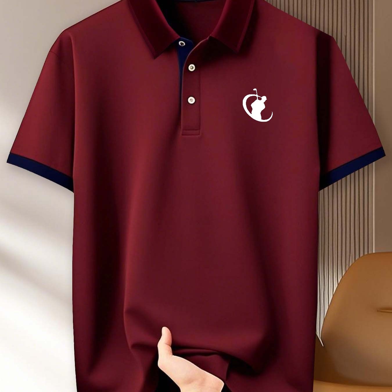 Men's 230g Breathable Shirt - Golf Print Short Sleeve with Contrast Collar, Geometric Pattern Summer Sportswear for Golf Gym Running Training, Business Casual Gift for Dad & Boyfriend, Golf Shirt, Comfortable Fit