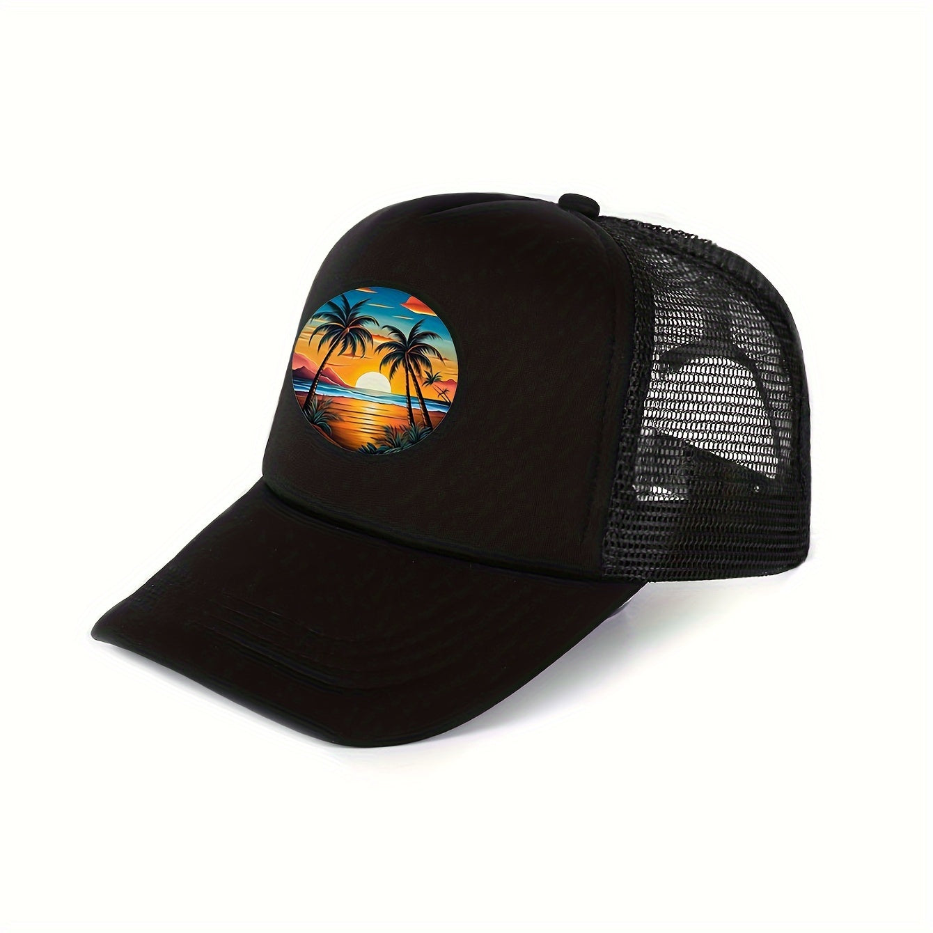 Unisex Tropical Sunset Print Trucker Cap - Adjustable Breathable Mesh Back Baseball Hat for Outdoor Activities