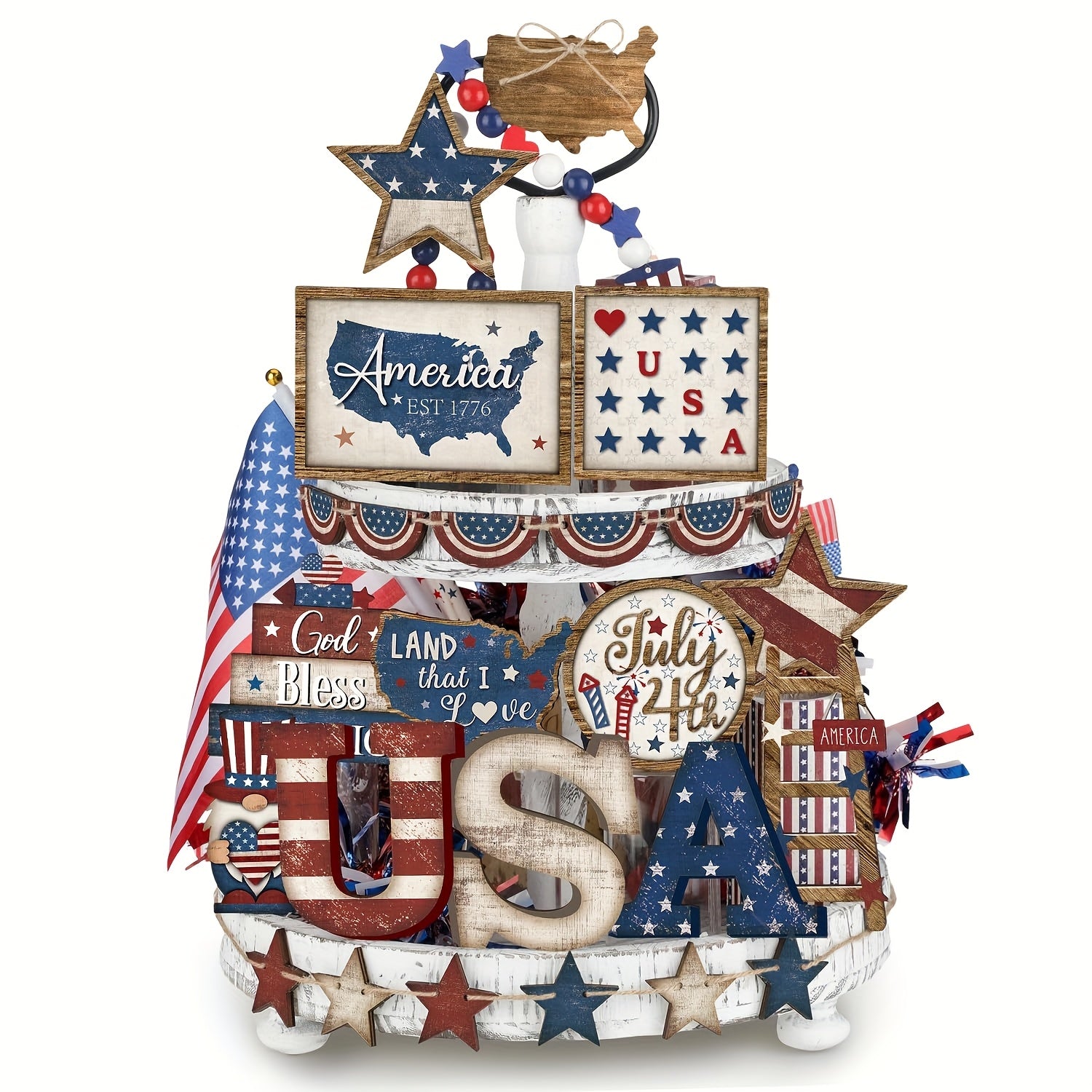 4th Of July Party Table Centerpiece, American Flag Star Wooden Sign Home Decor, Spring Patriotic Tiered Tray Decorations Set, Red White Blue Rustic Farmhouse Wooden Sign, Memorial Independence Day Table Decorations for Home,