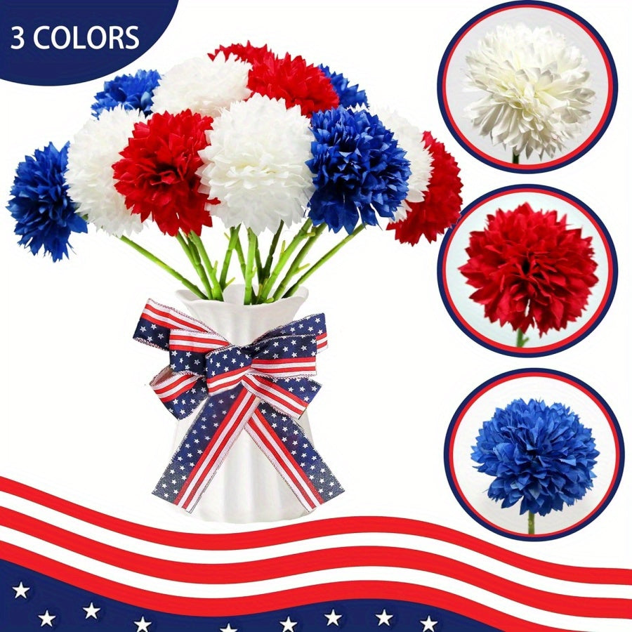 Patriotic Artificial Flowers Red White Blue Ball Chrysanthemum Bouquet | 4th Of July Memorial Family Gathering Center Vase Decoration