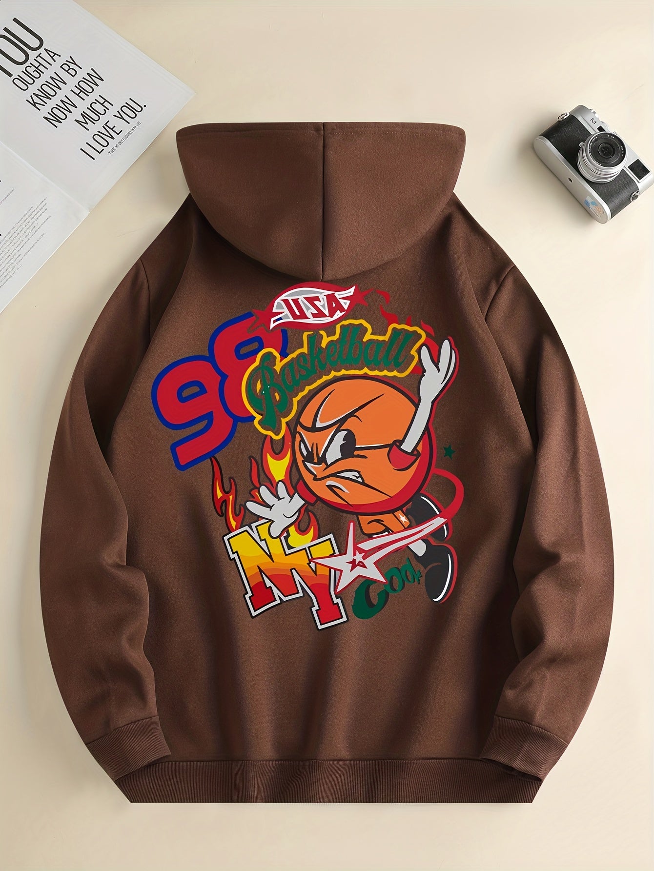 Men'S Trendy Hoodie with Basketball Print - Casual Drawstring Pullover with Kangaroo Pocket, Polyester & Spandex Blend, Machine Washable