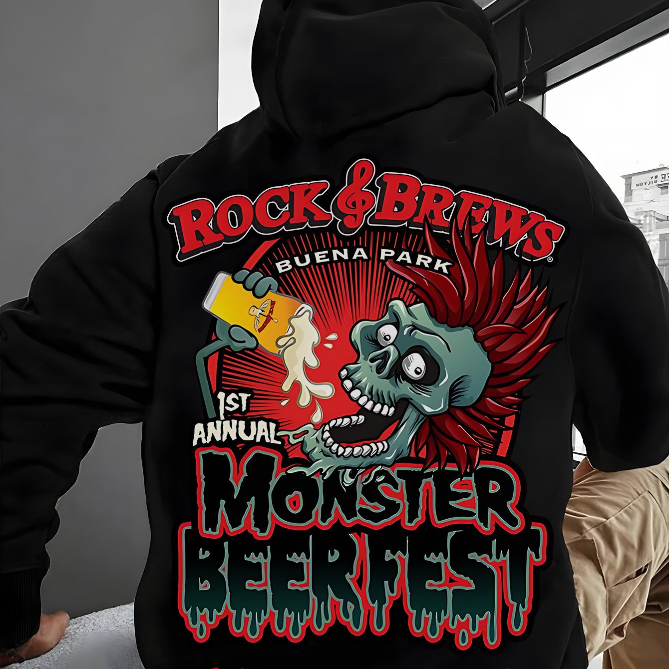 Men'S Stylish Hoodie with Skull and Beer Print, Red English Letters, Pocket Detail - Soft Cotton Blend, Knit Fabric for Fall/ Winter