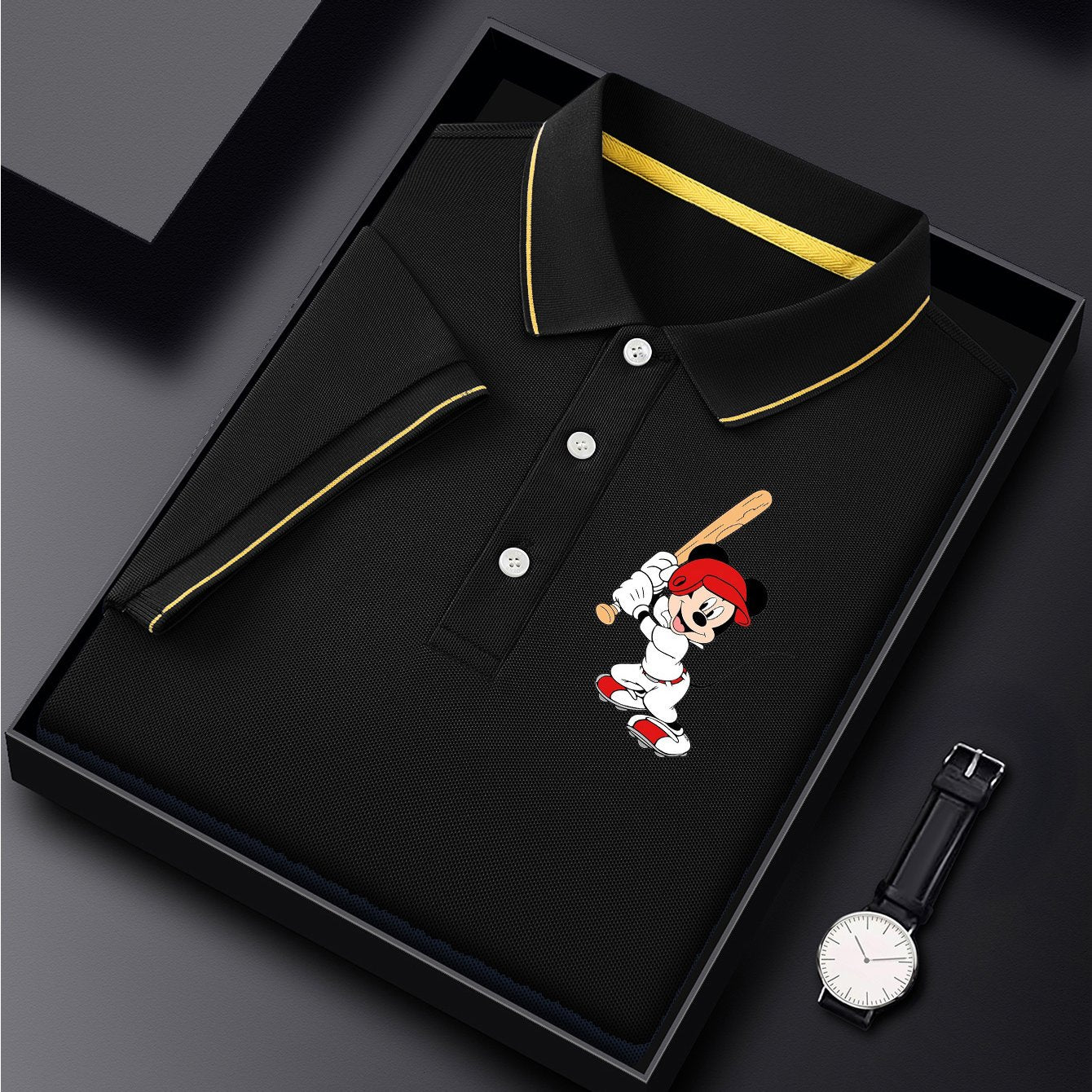 Disney Men'S Classic POLO Shirt, Mickey Batting Baseball Print, Premium Casual Business Casual, Short Sleeve Collar Polo Shirt, Lightweight Polyester, Quick Drying and Breathable Comes in a Display Gift Box Great for Husbands