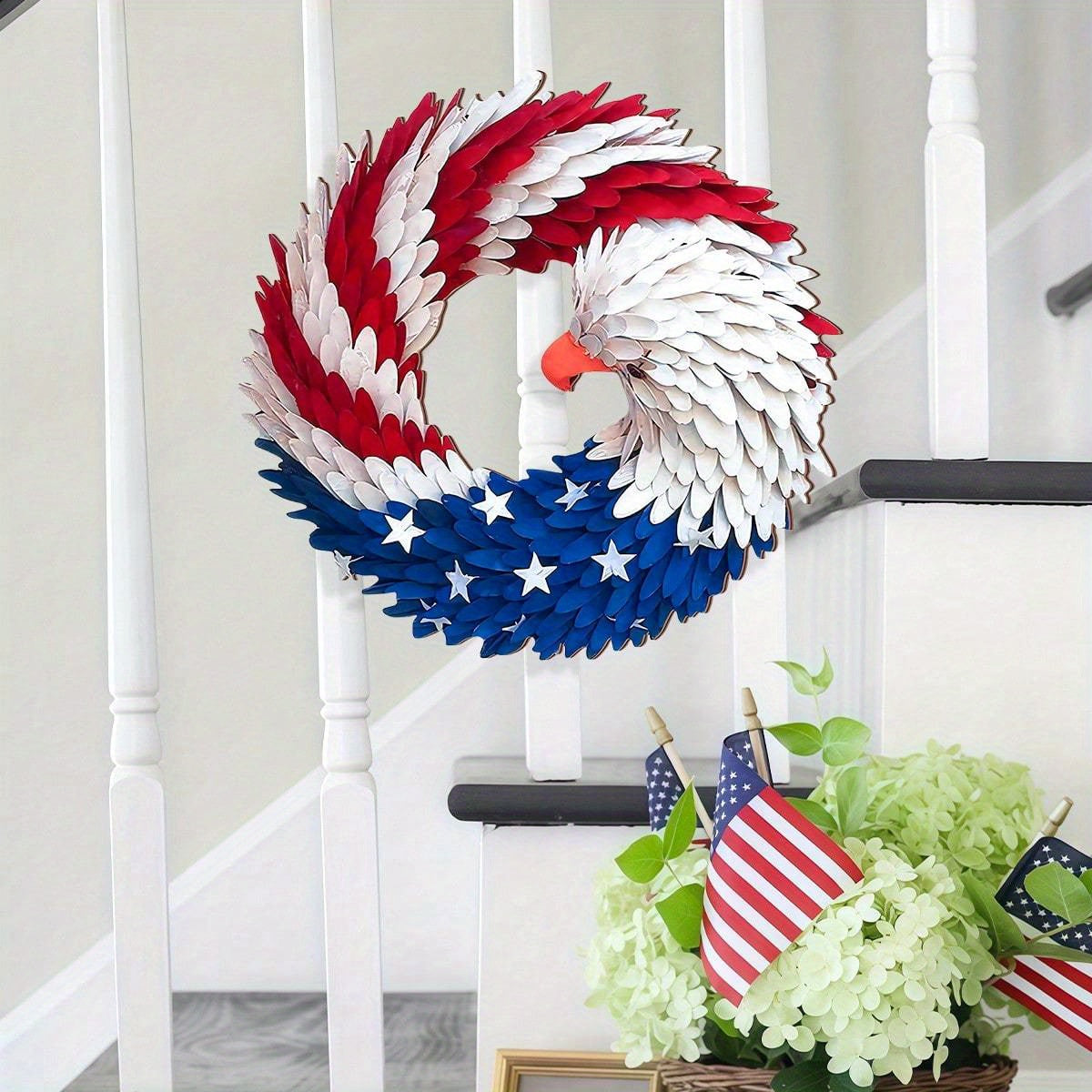 2D Wooden Eagle Wreath for Front Door - Patriotic Stars & Stripes Design, Weatherproof Outdoor/Indoor Decoration, 4th of July Independence Day Decor, No Electricity Needed, Durable Plastic & Fabric Craft